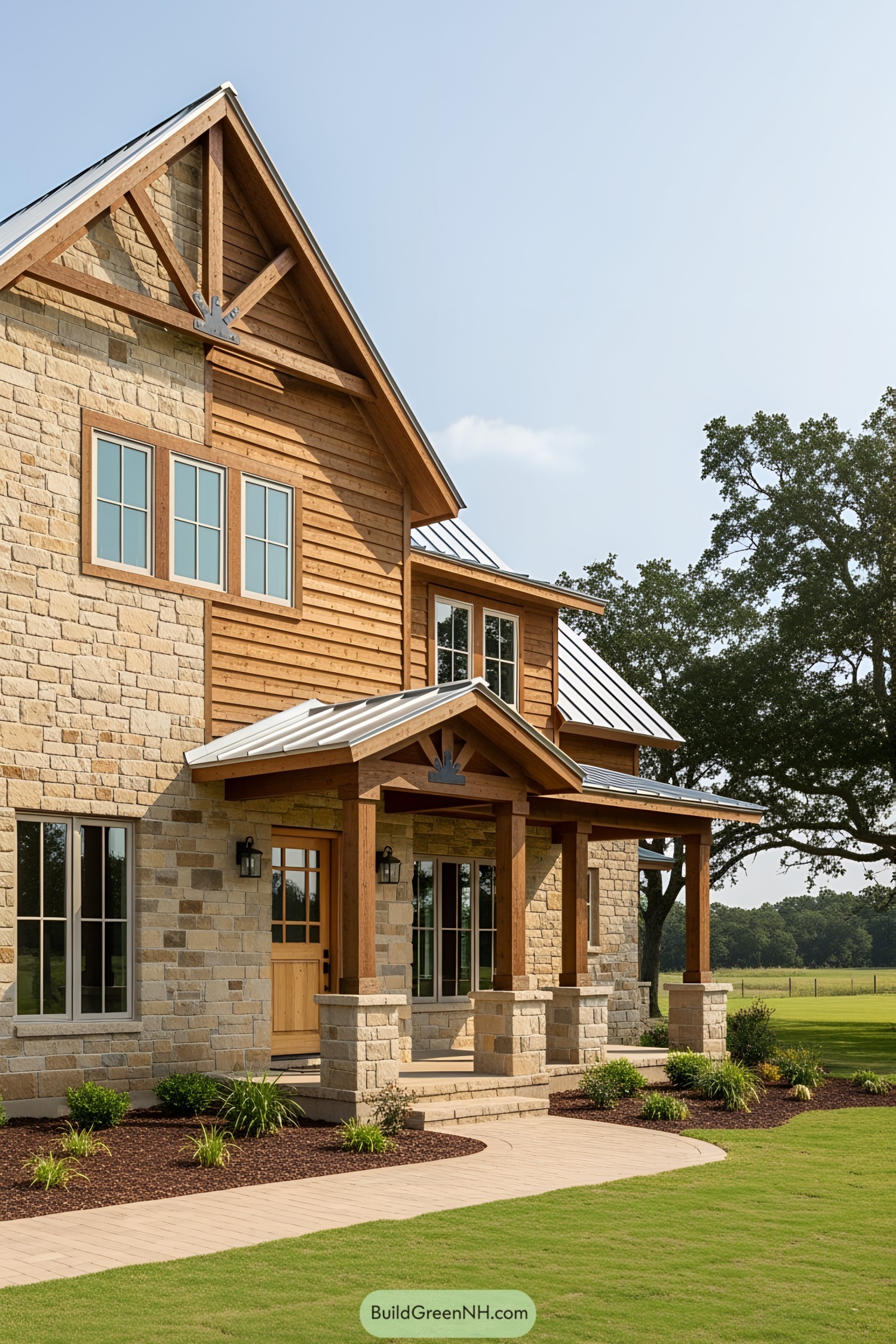 Rustic ranch house with stone and wood exterior