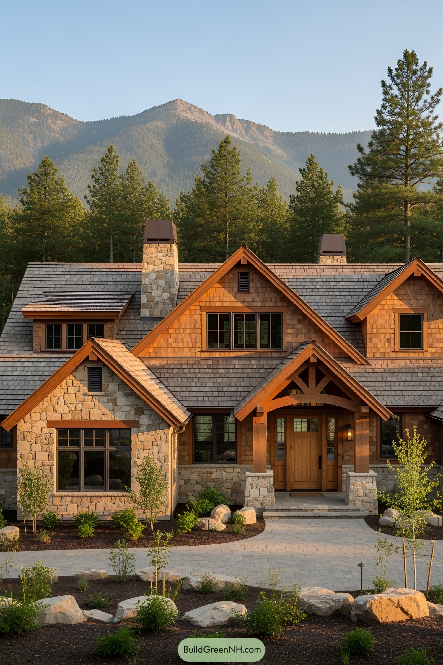 Rustic ranch house with stone and wood features