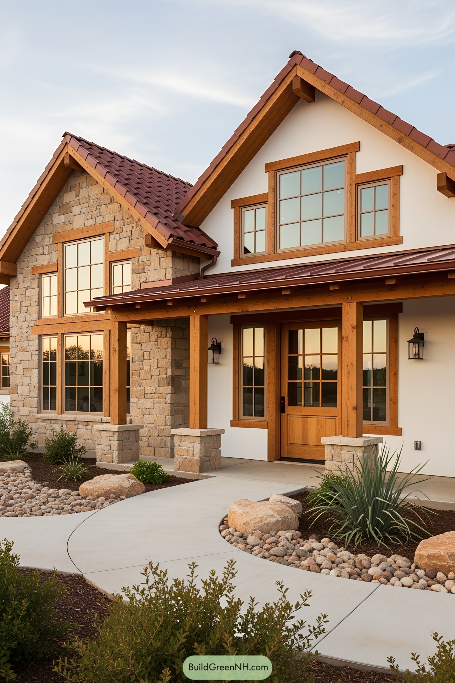 Quaint ranch house with stone and wood facade