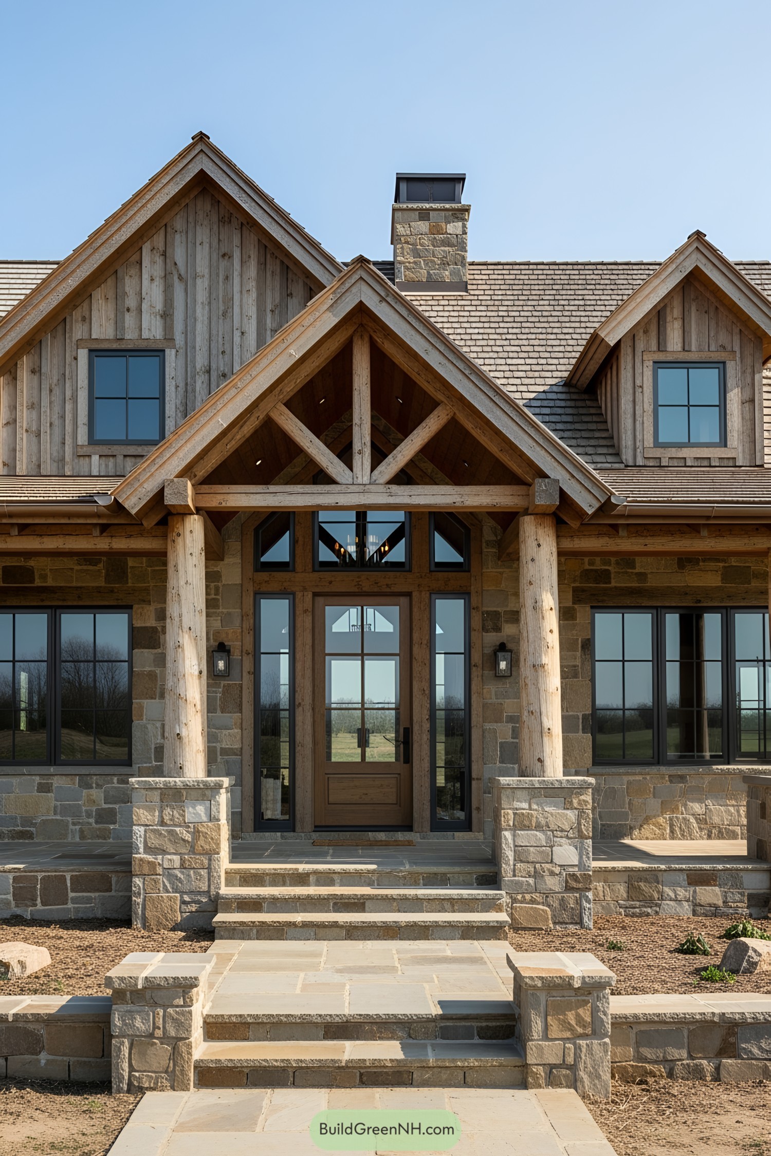 Stone facade ranch house with wooden accents