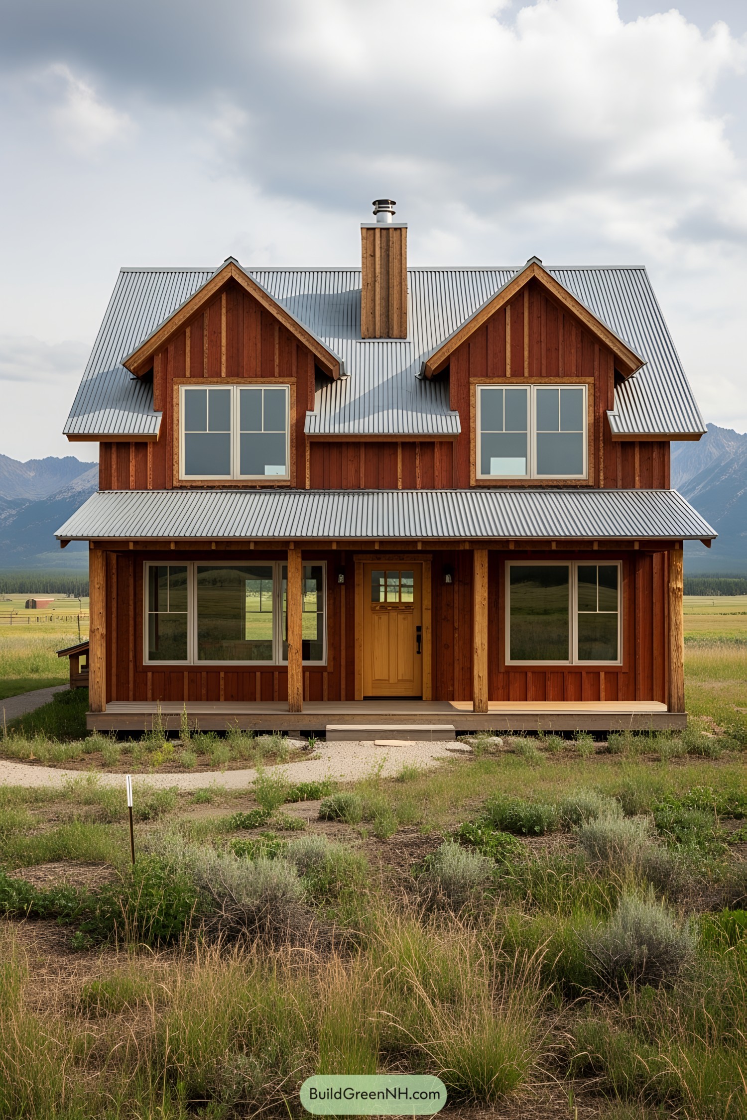 Wooden ranch house with metal roof