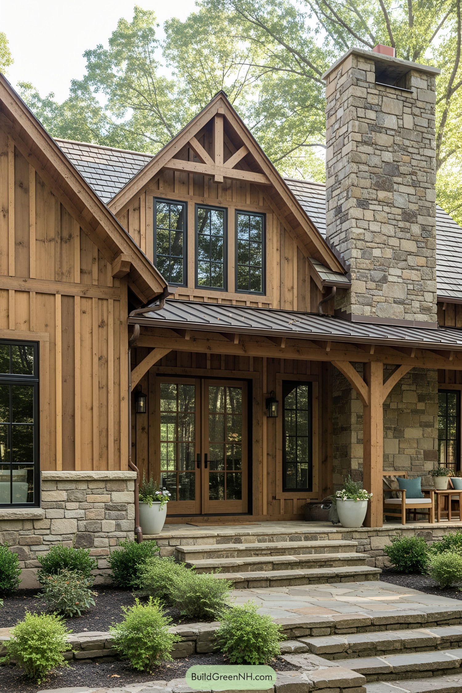Rustic ranch house exterior with wooden siding and stone chimney