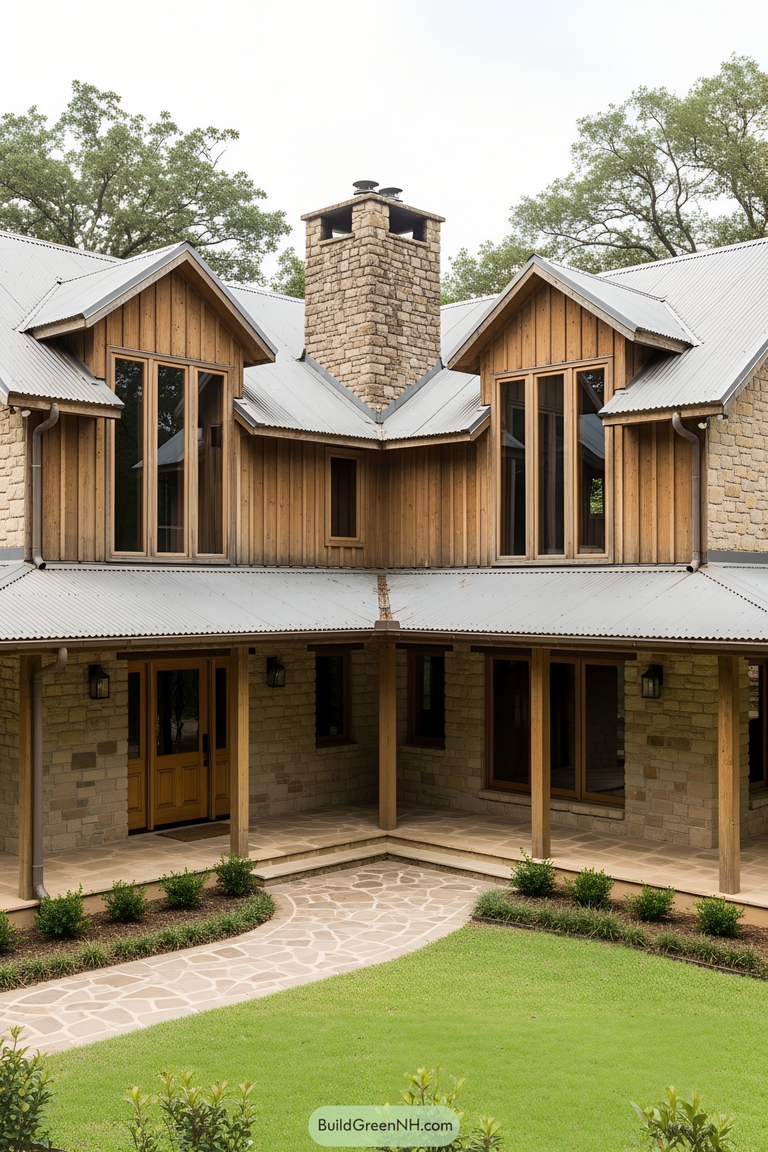 Stone and wood ranch house with a metal roof and lush lawn