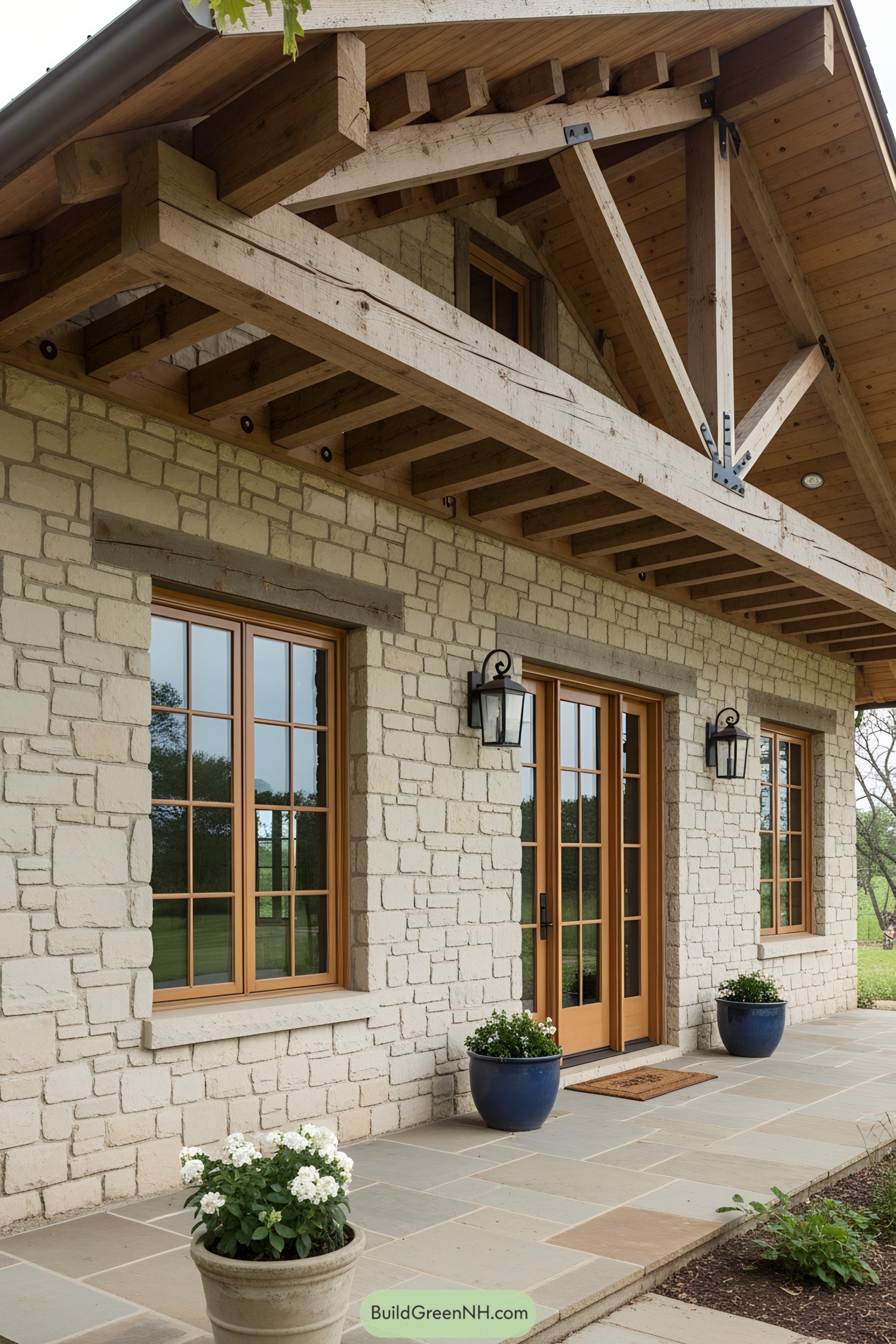 Rustic ranch house exterior with stone walls and wooden accents