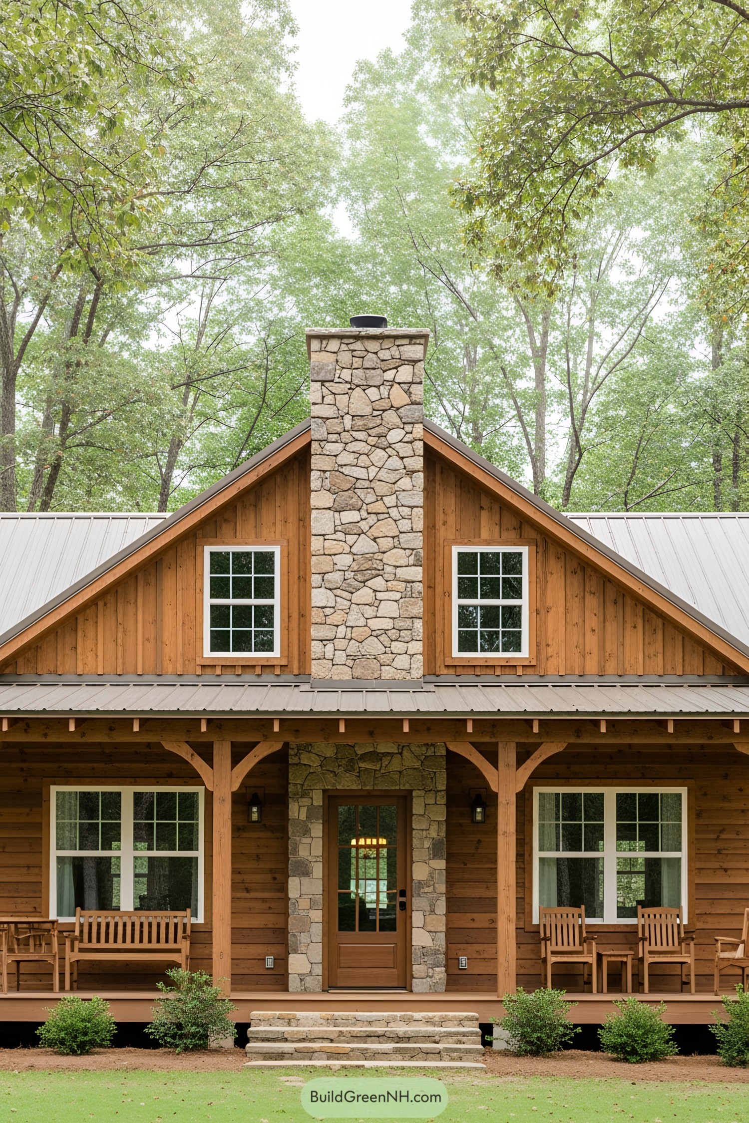 Charming wooden ranch house with stone chimney