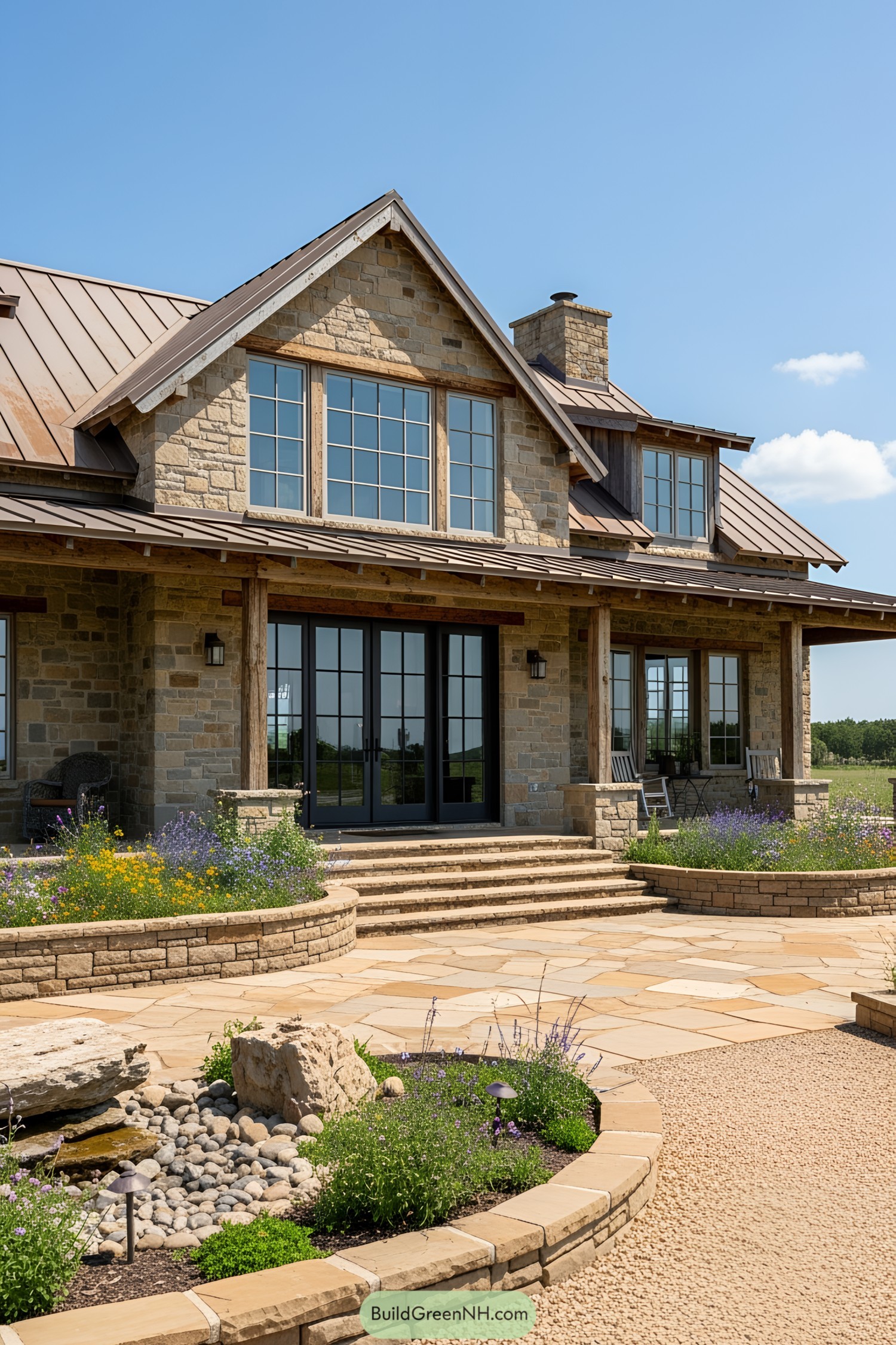 Rustic ranch house with stone facade and metal roof
