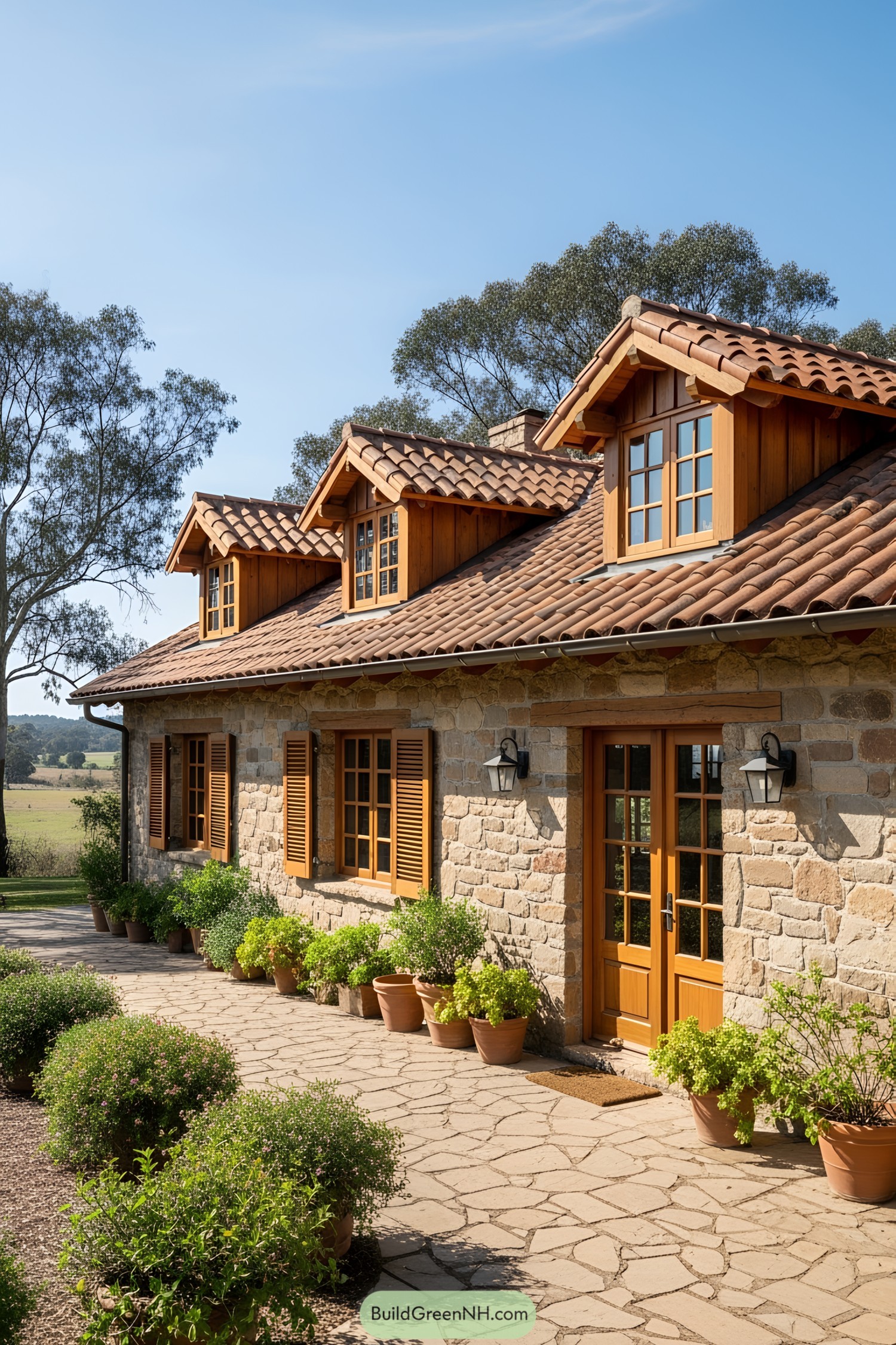 Stone ranch house with wooden shutters and terracotta roof