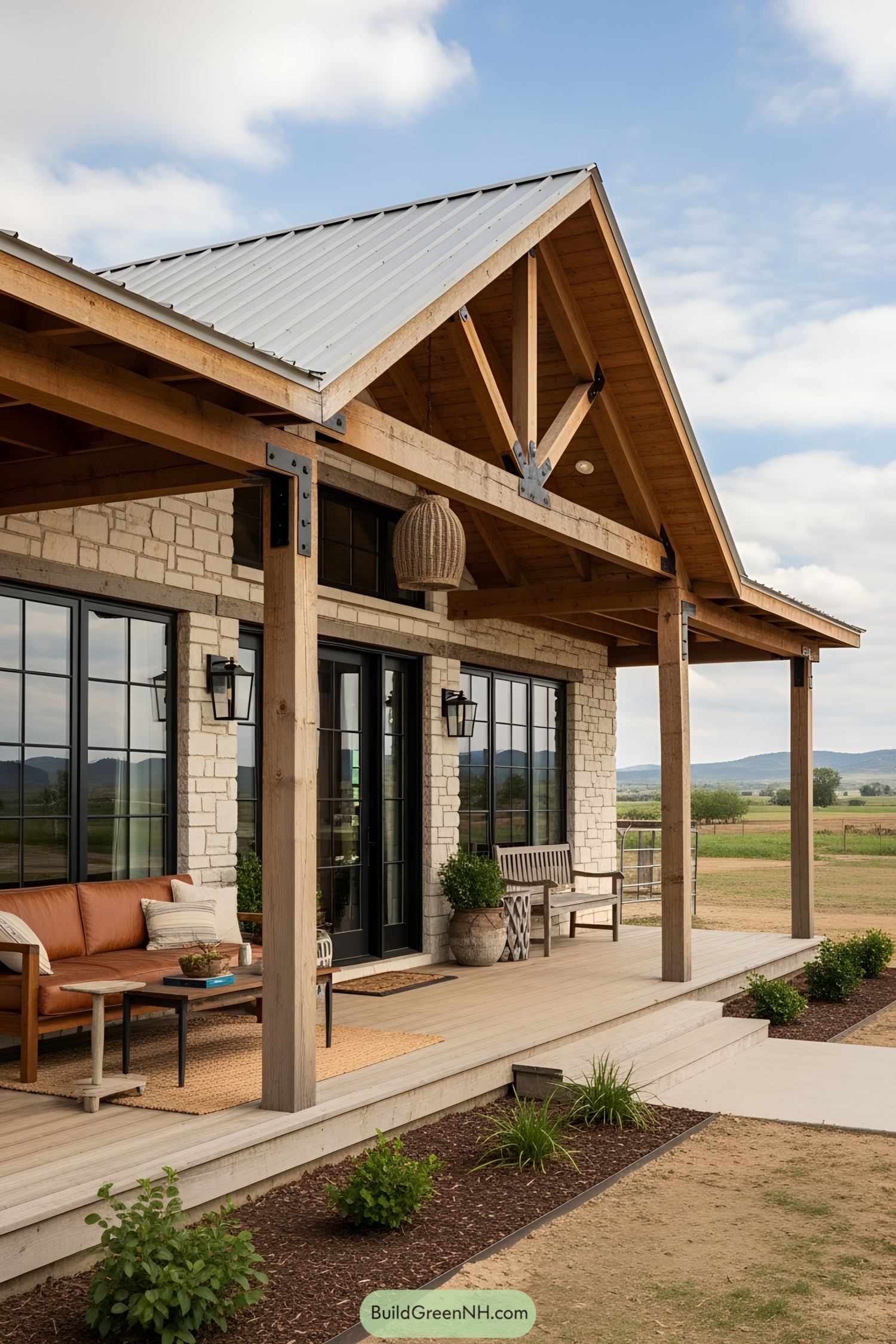 Rustic ranch house with a cozy porch and panoramic view