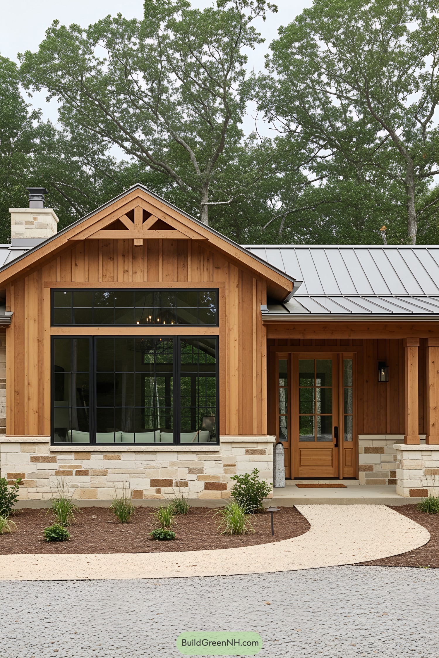 Ranch house with wooden and stone façade