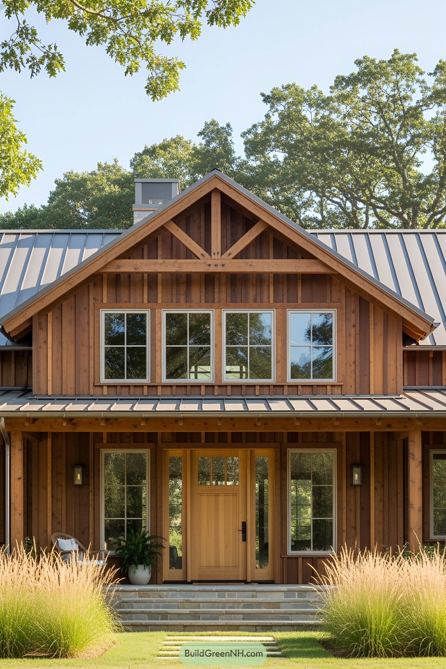 Rustic ranch house with wooden exterior and metal roof