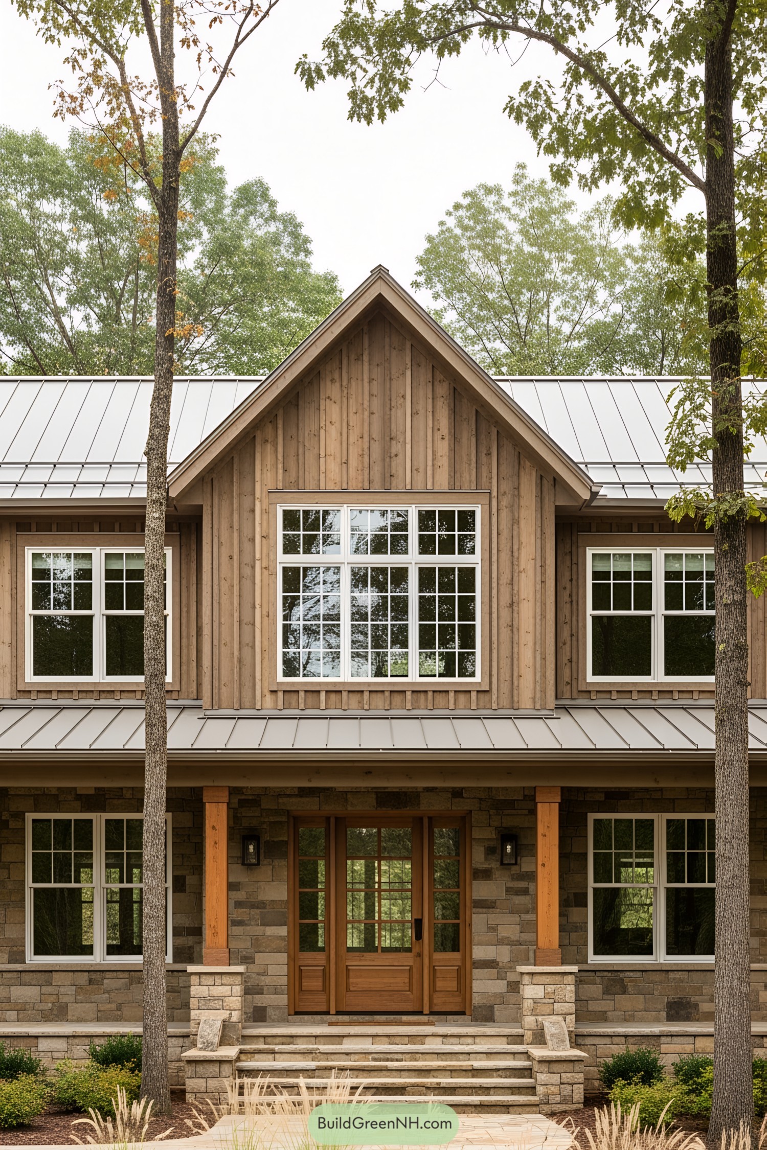 Rustic ranch house nestled among tall trees