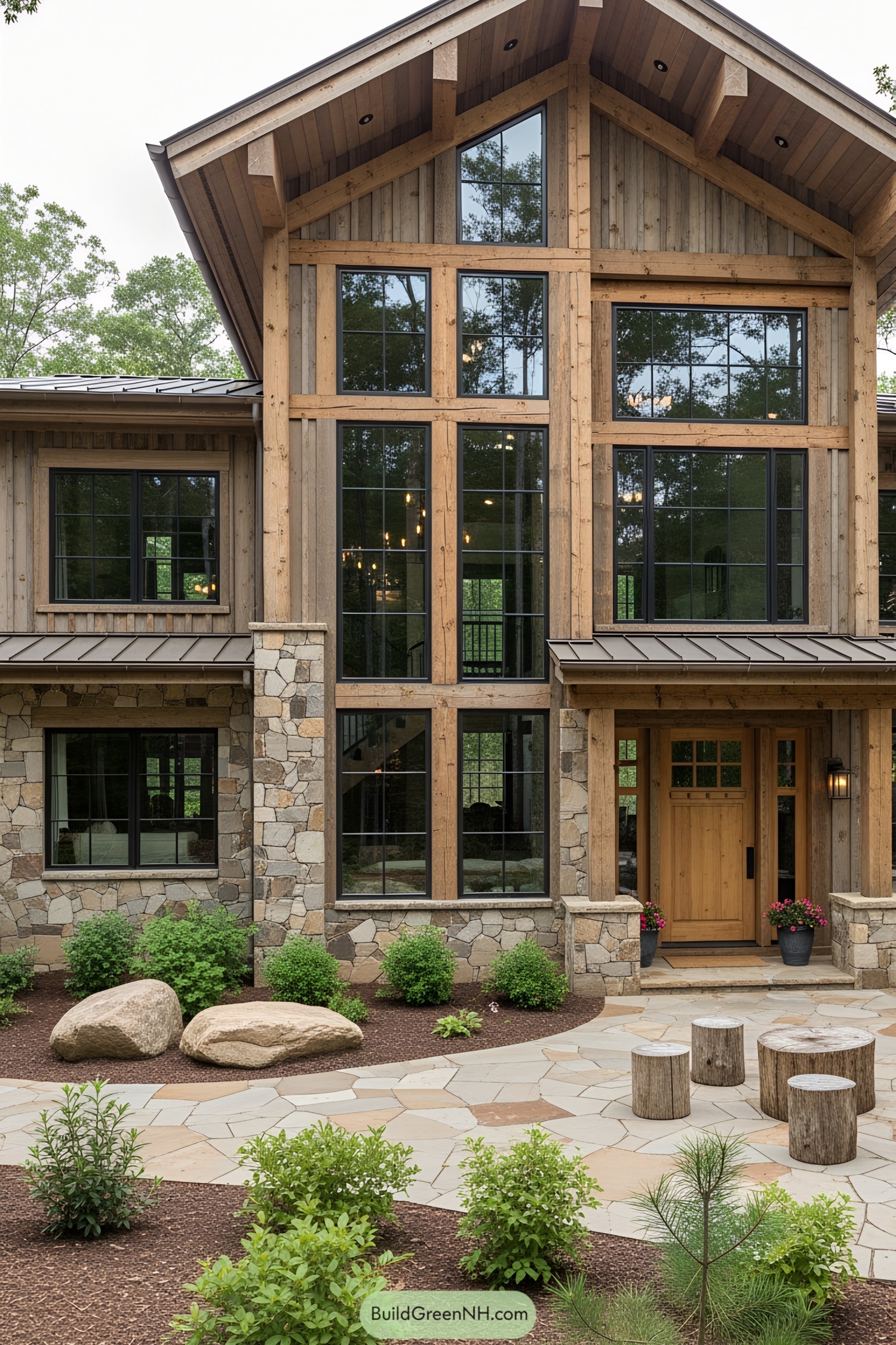 Wooden ranch house exterior with large windows and stone accents