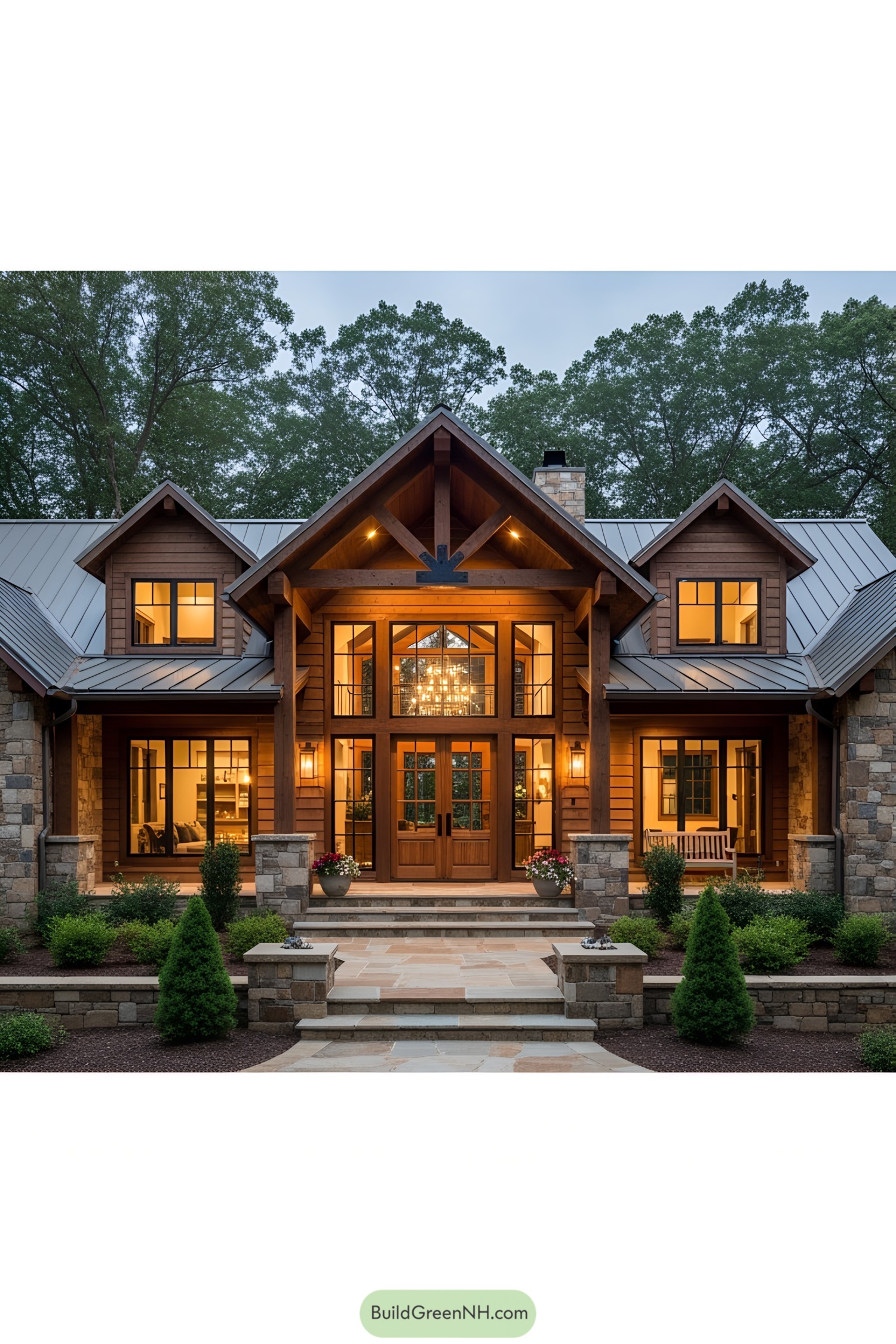 Inviting lodge with glowing windows and stone details