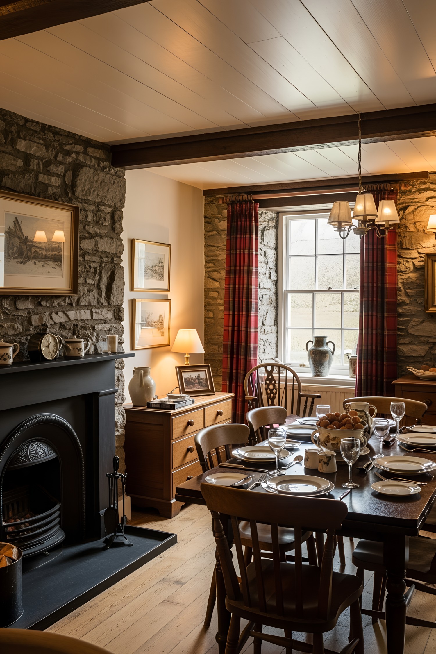 Rustic dining room with stone walls and tartan curtains