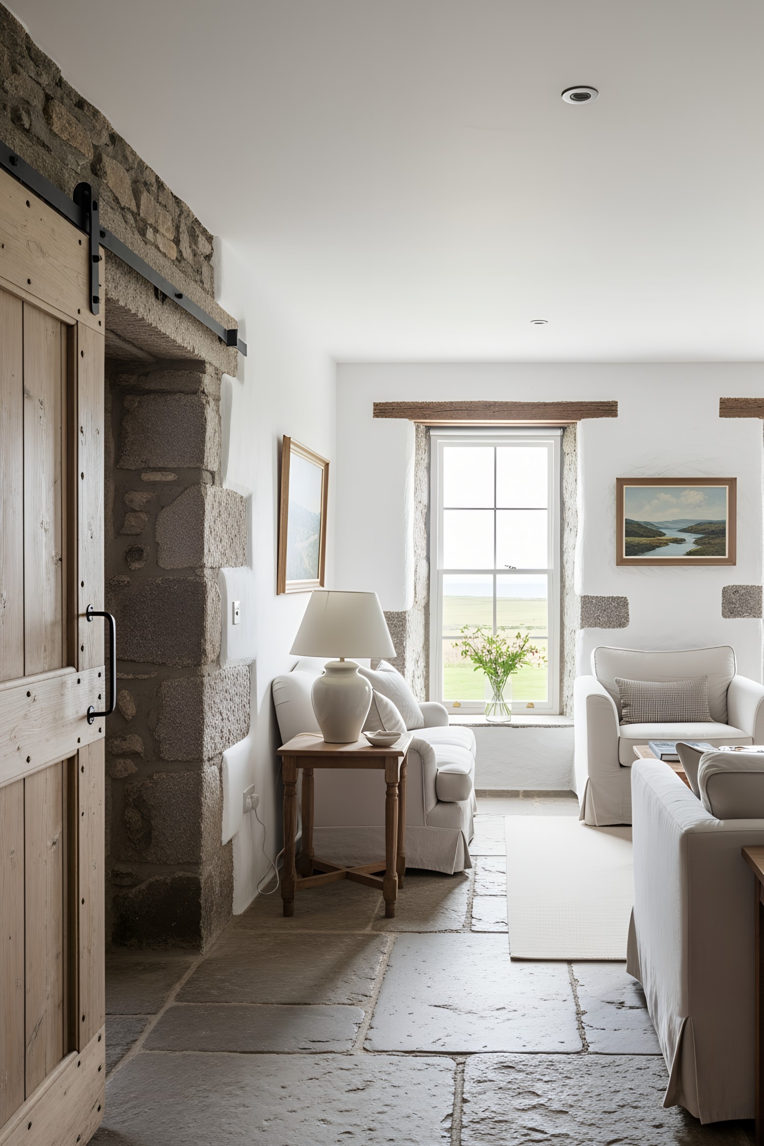Bright living room with white sofas and stone walls