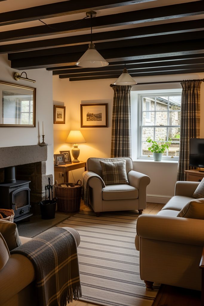 Scottish cottage living room with a cozy, rustic aesthetic and traditional country interior style. The warm, earthy color theme features shades of beige, brown, and muted greens. Architectural details include exposed dark wooden ceiling beams and a stone fireplace with a wood-burning stove. Walls are painted in a light, off-white color, while the window is framed with checkered curtains, allowing natural light to filter in and overlook a small outdoor garden. The floor is covered with a striped woven rug on top of wood or stone. Comfortable upholstered armchairs and a sofa are adorned with tartan-patterned throws and cushions. Accessories include woven baskets, framed artwork, a table lamp, and a small potted plant on the windowsill, enhancing the inviting and homely atmosphere.