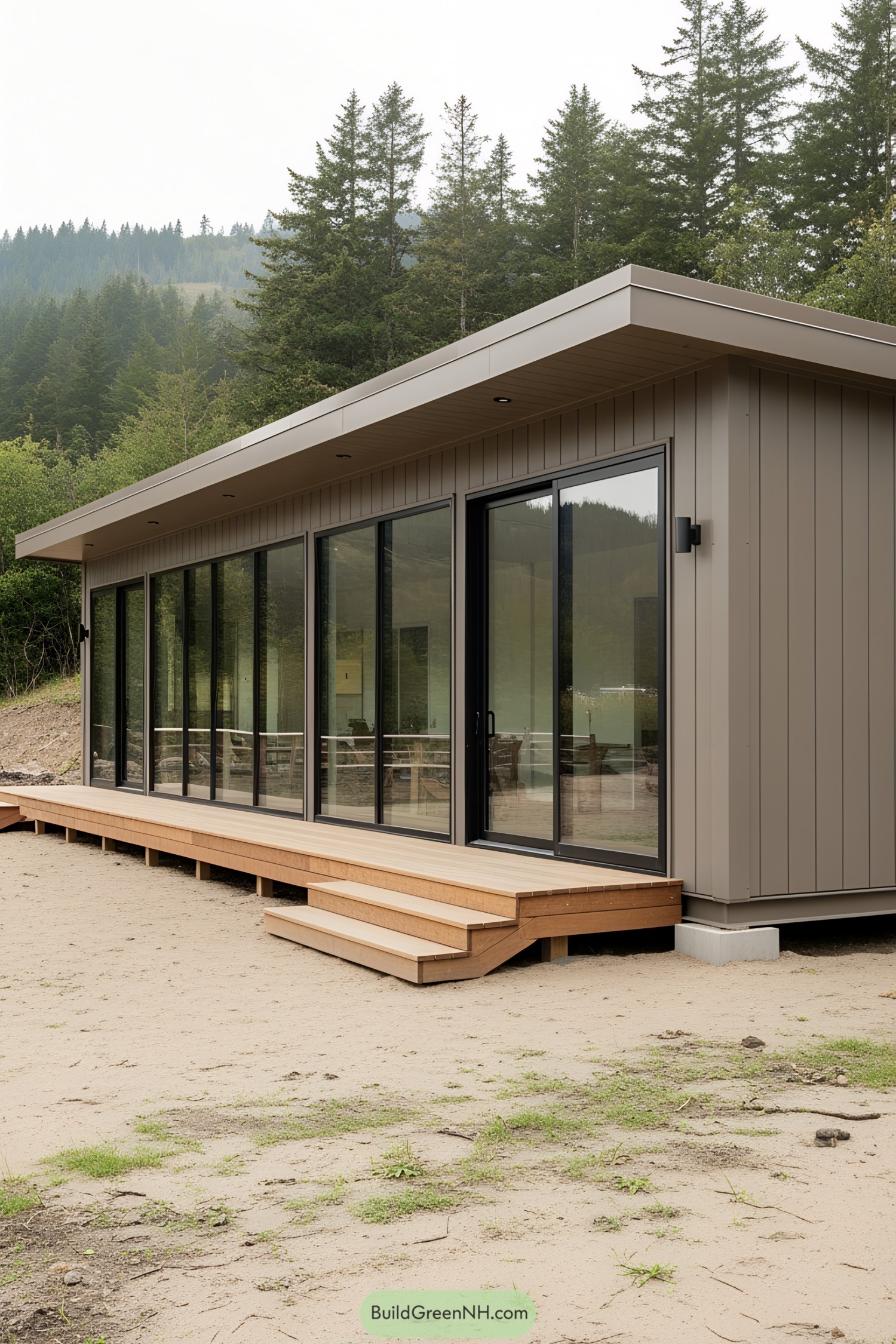 A modern shipping container workshop set in a lush environment
