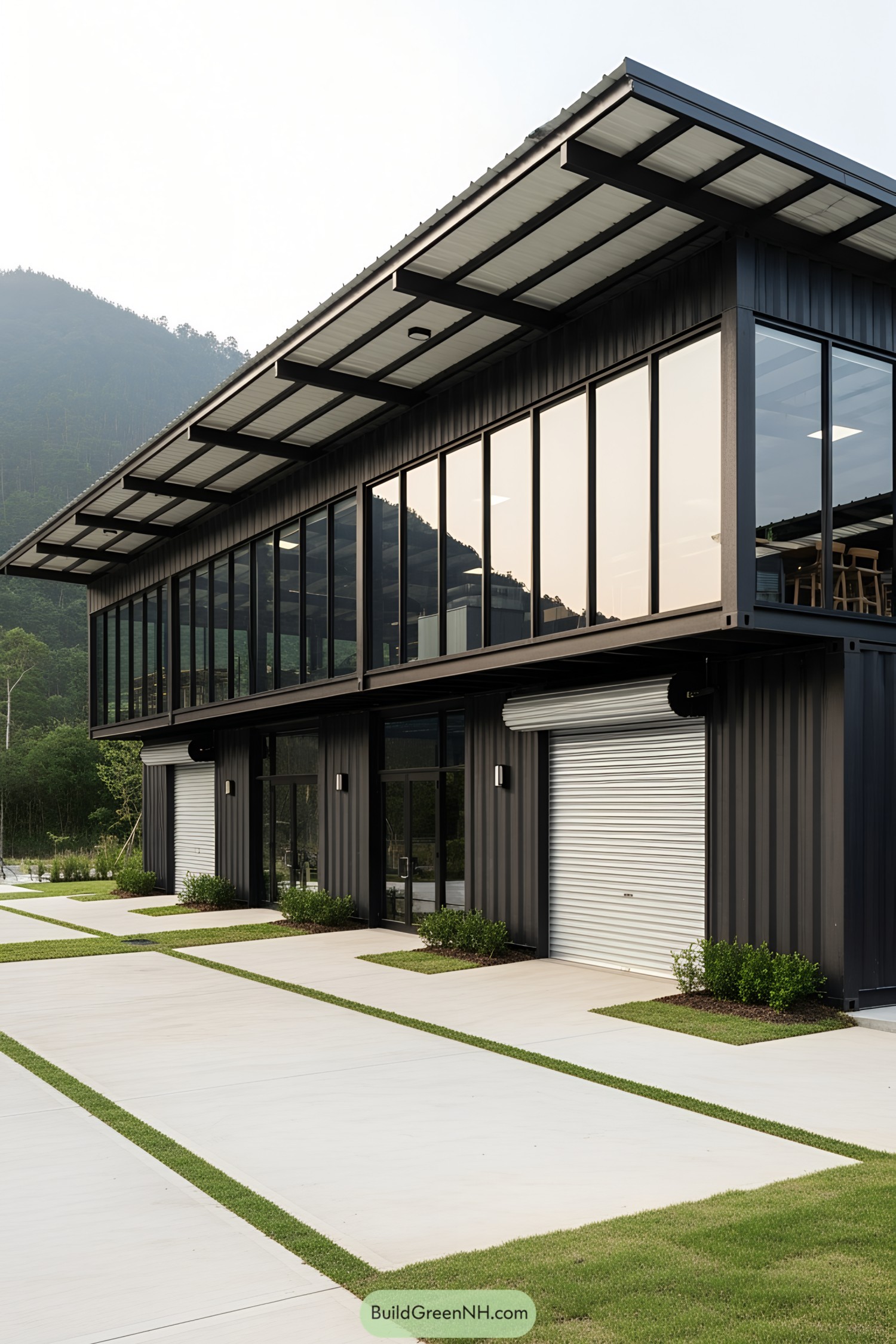 Modern shipping container workshop with glass walls