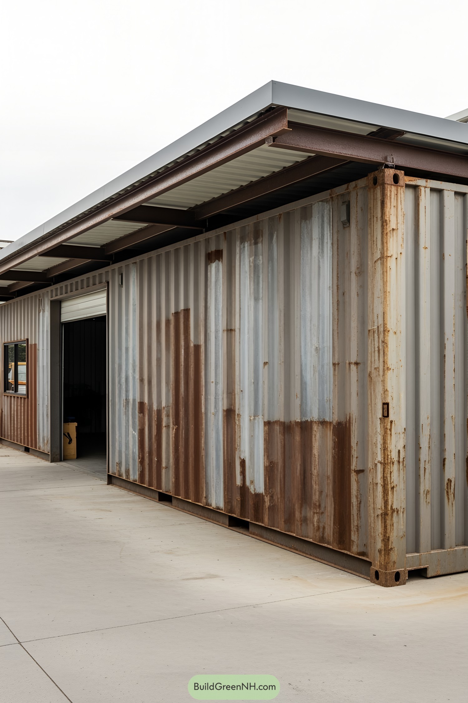 Rustic shipping container workshop with metal roof and open door