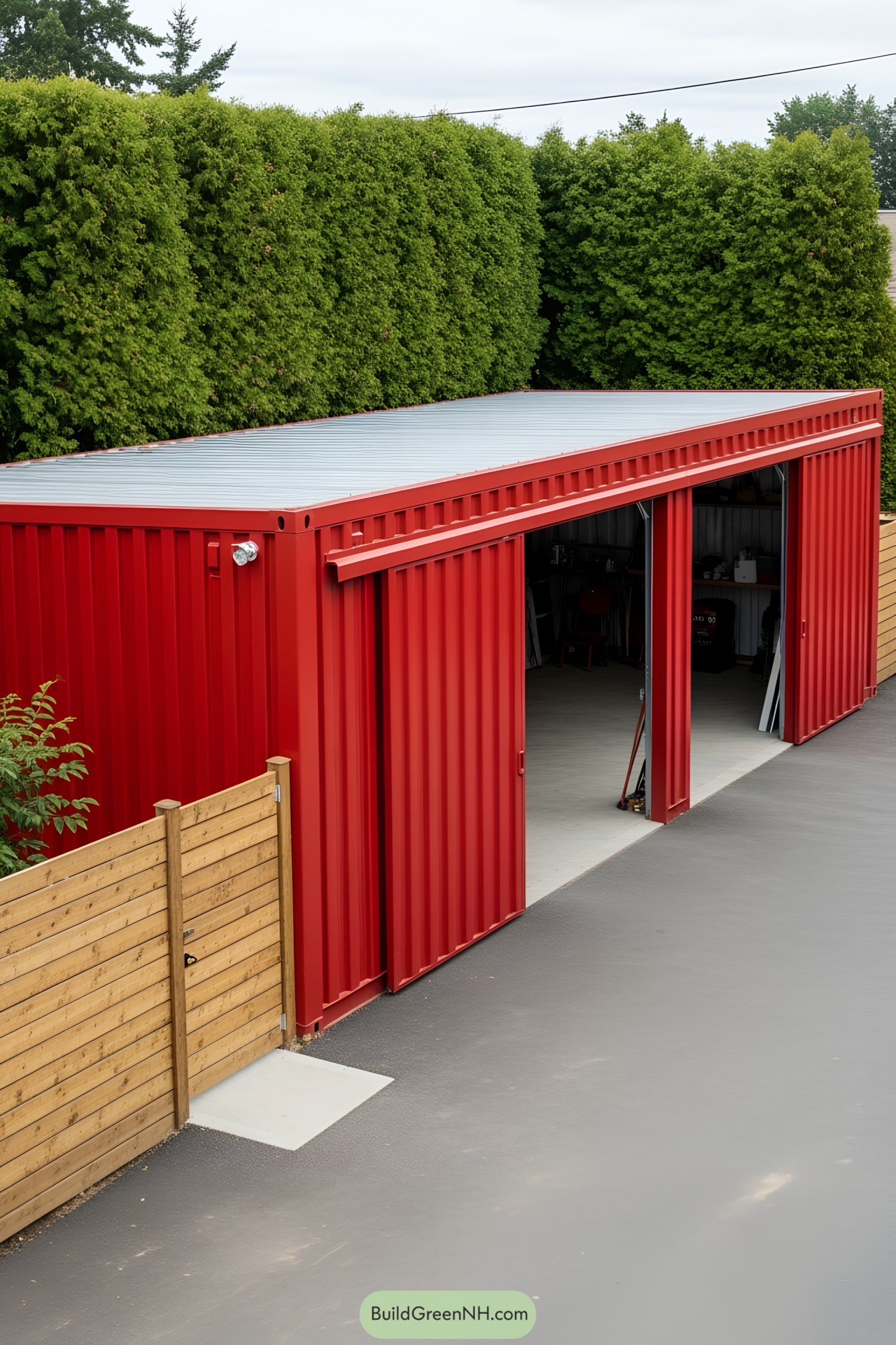 Red shipping container workshop with open sliding doors in a green setting