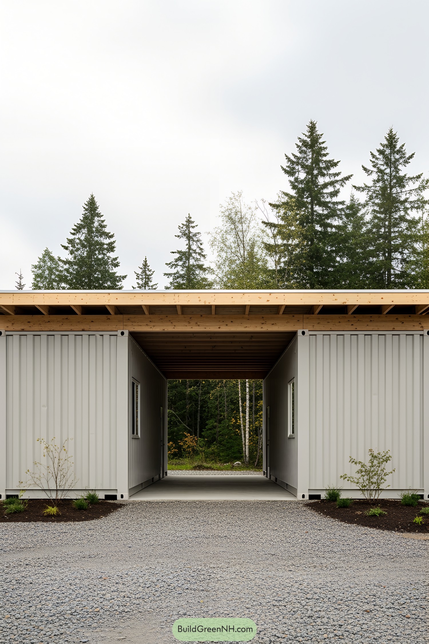 Shipping container workshop with open central corridor