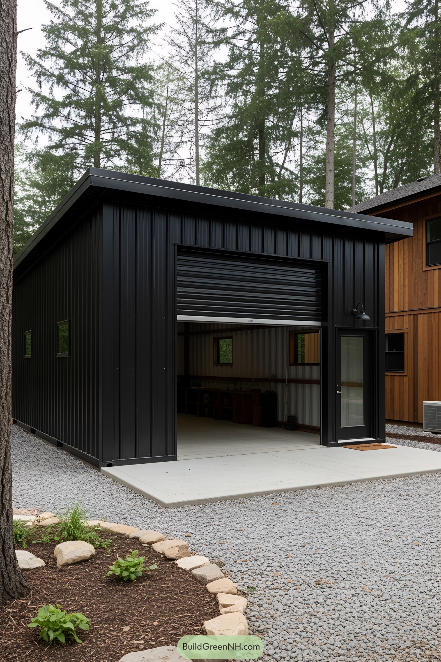 Black metal shipping container workshop surrounded by trees