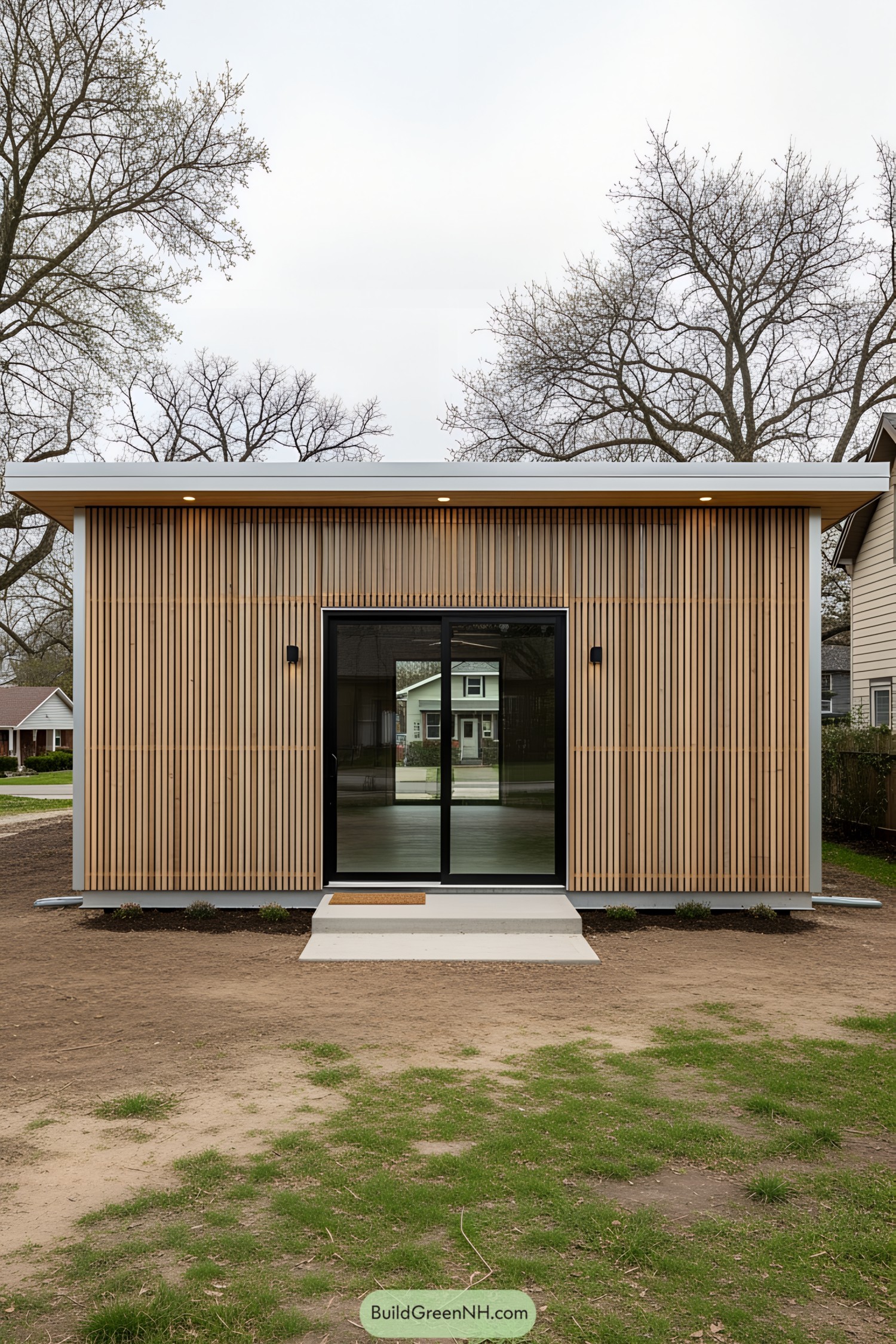 Small wooden building with glass doors