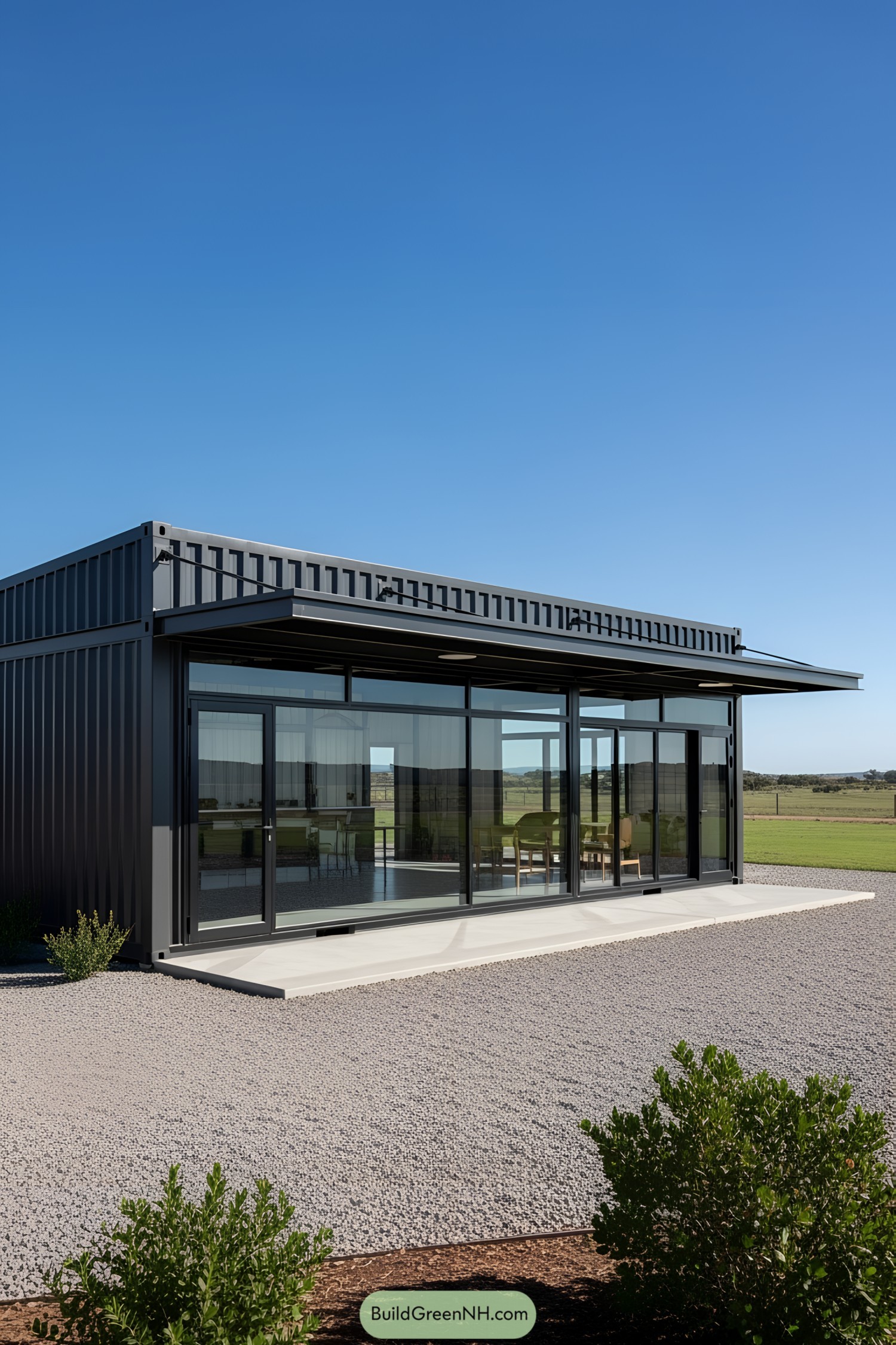 Sleek container workshop with large glass walls