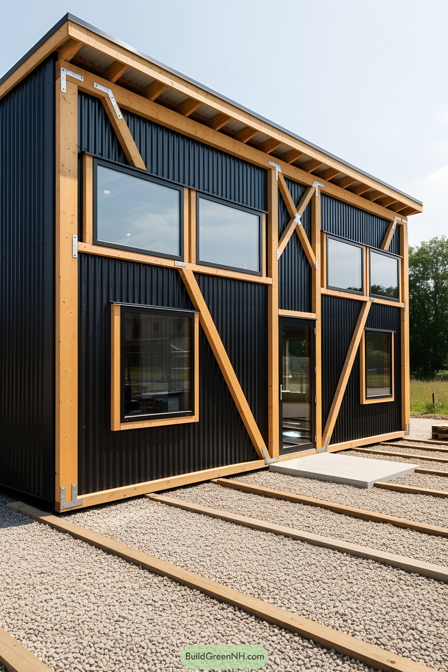 Shipping container workshop with wood accents