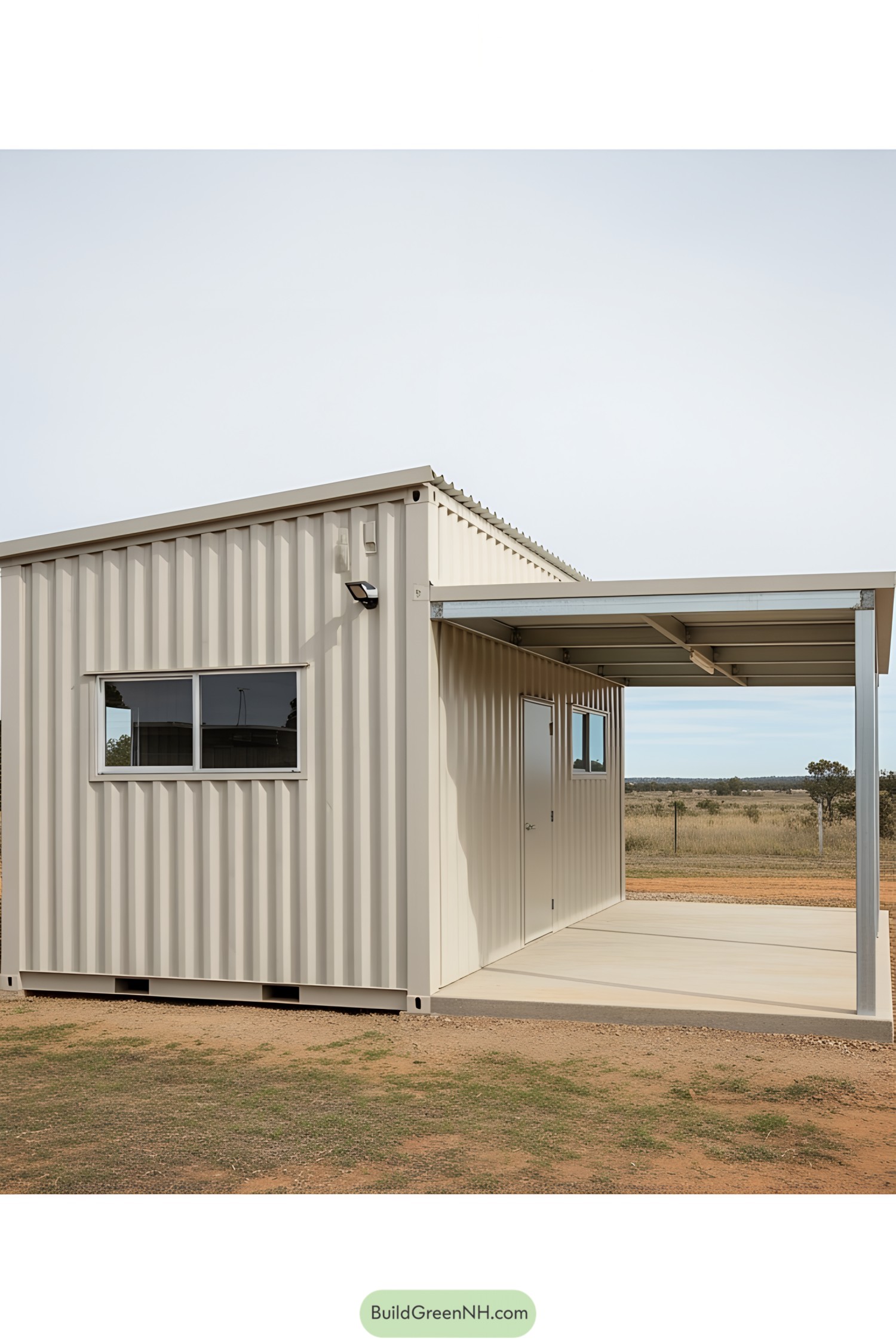 Light-colored container workshop in an open landscape