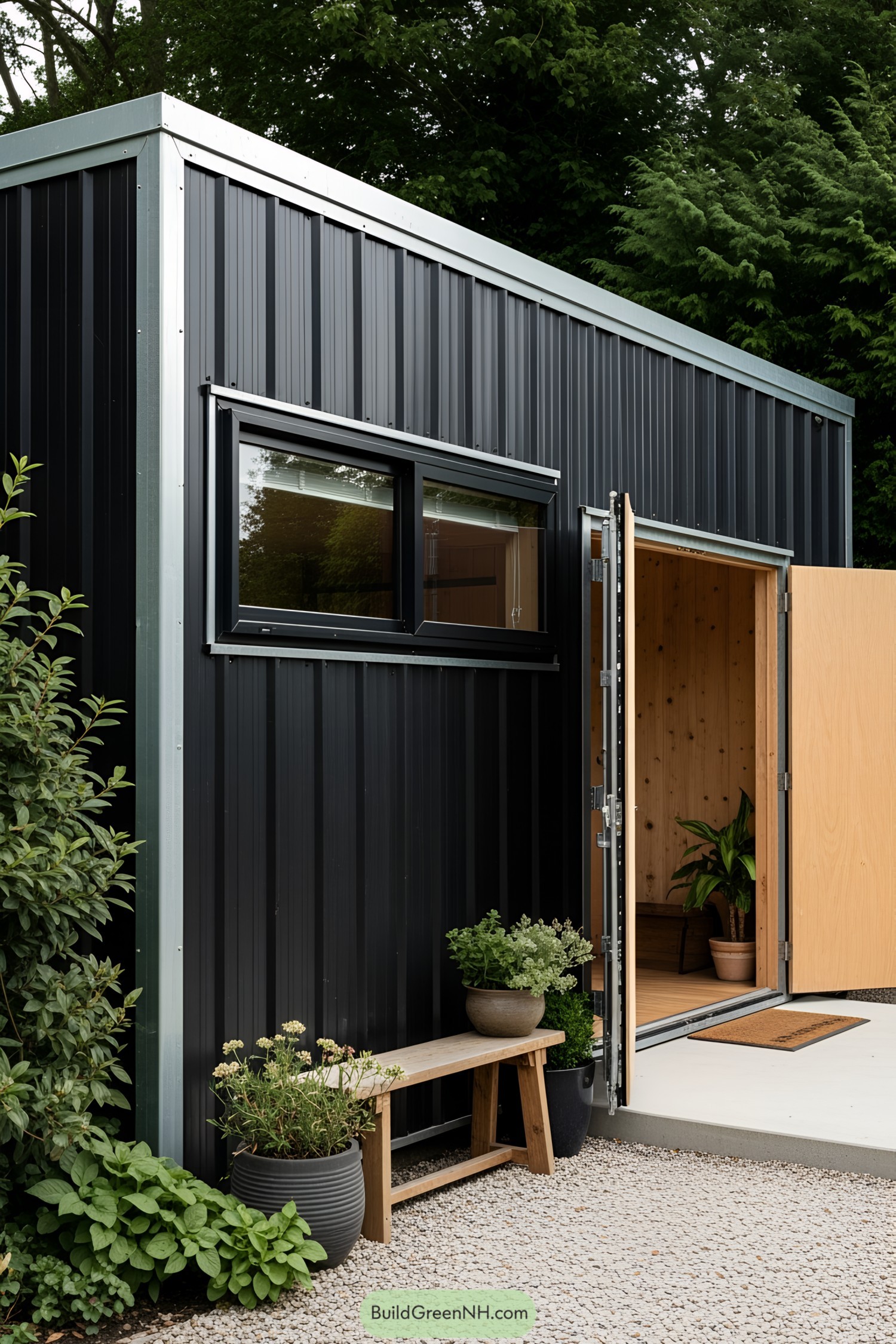 Sleek shipping container with planters and a cozy entrance