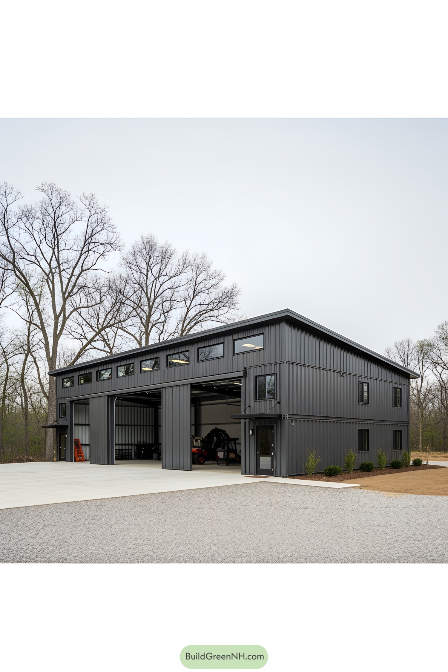Modern shipping container workshop surrounded by trees