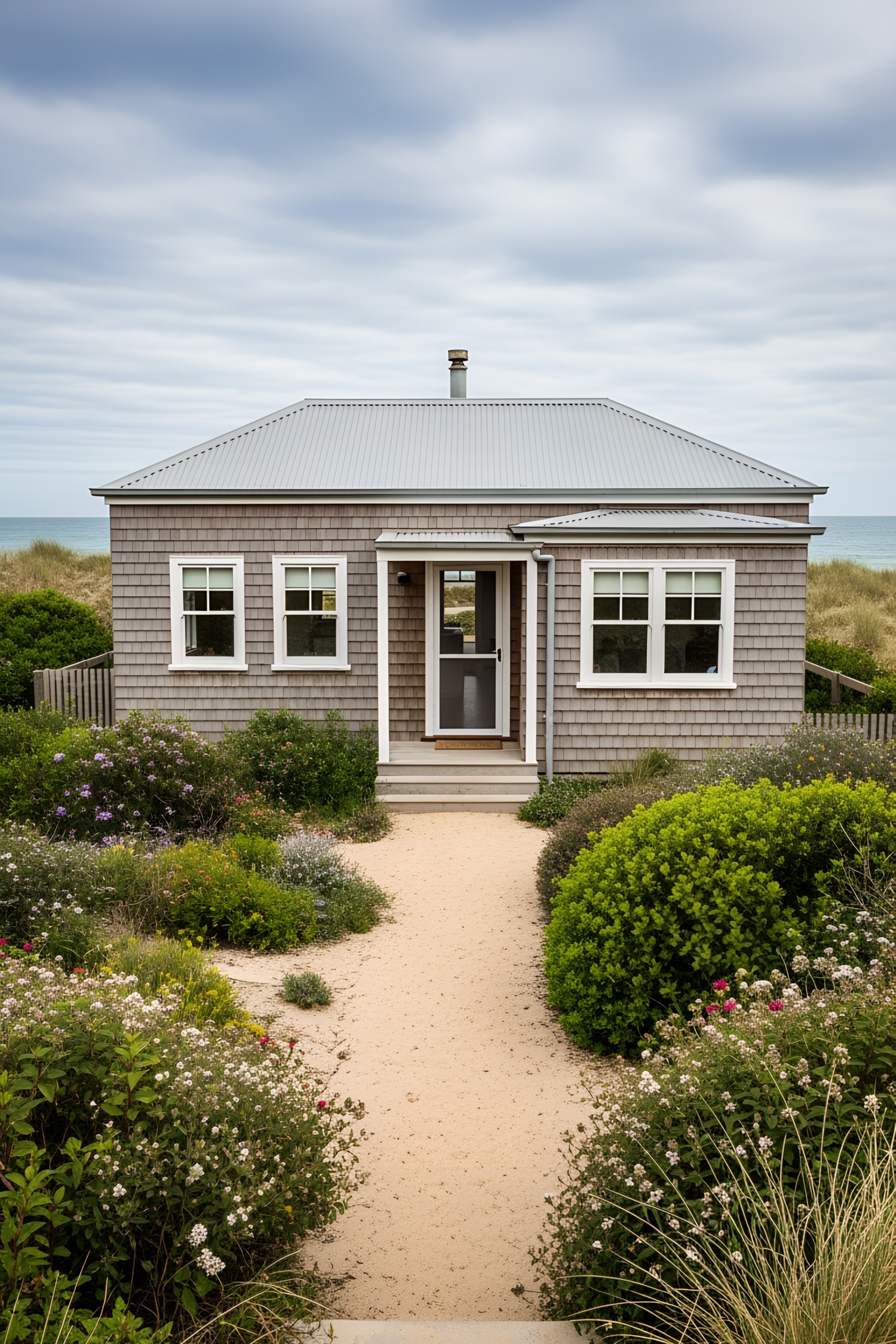Small beach house with a sandy path and garden