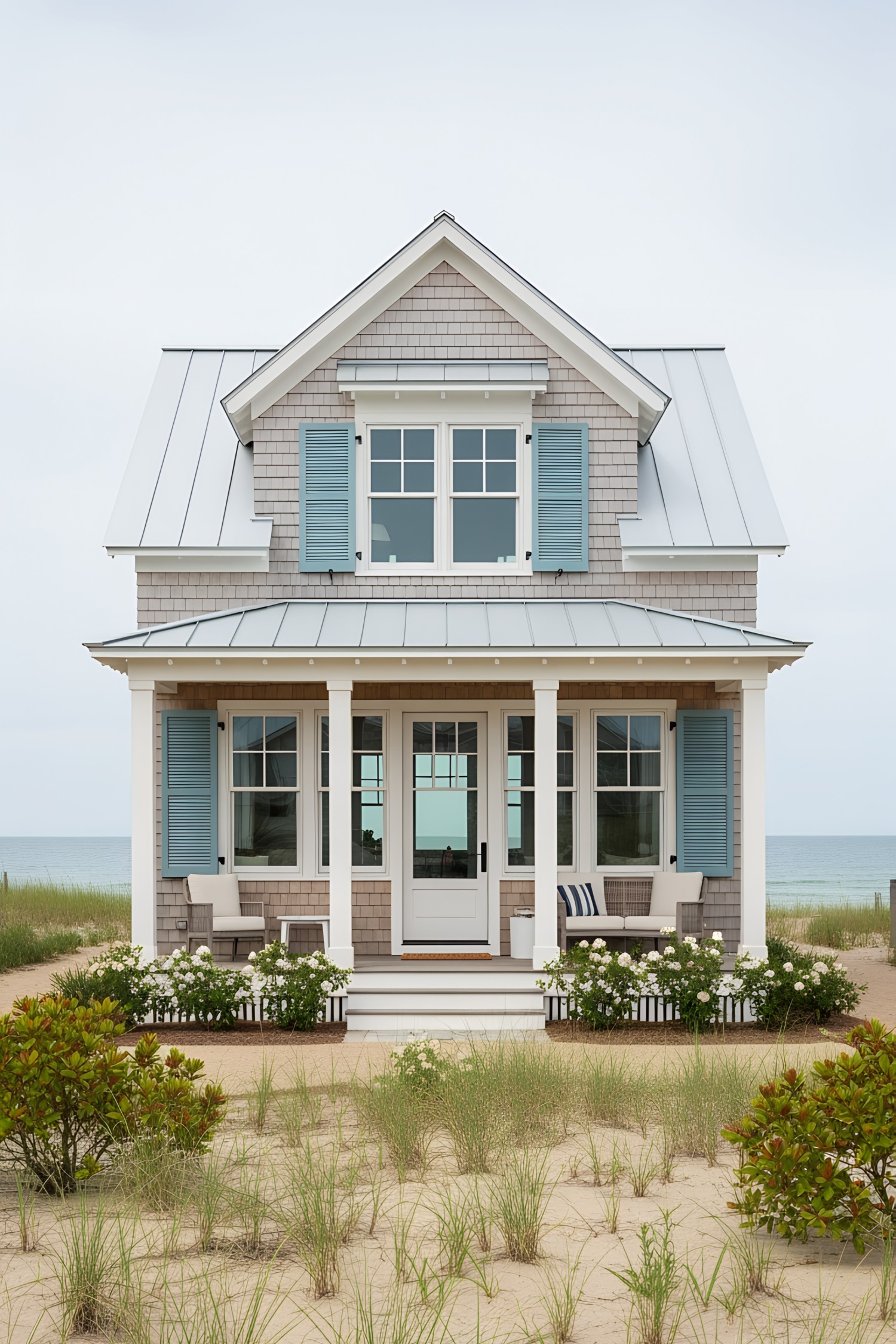 Coastal house with blue shutters and porch