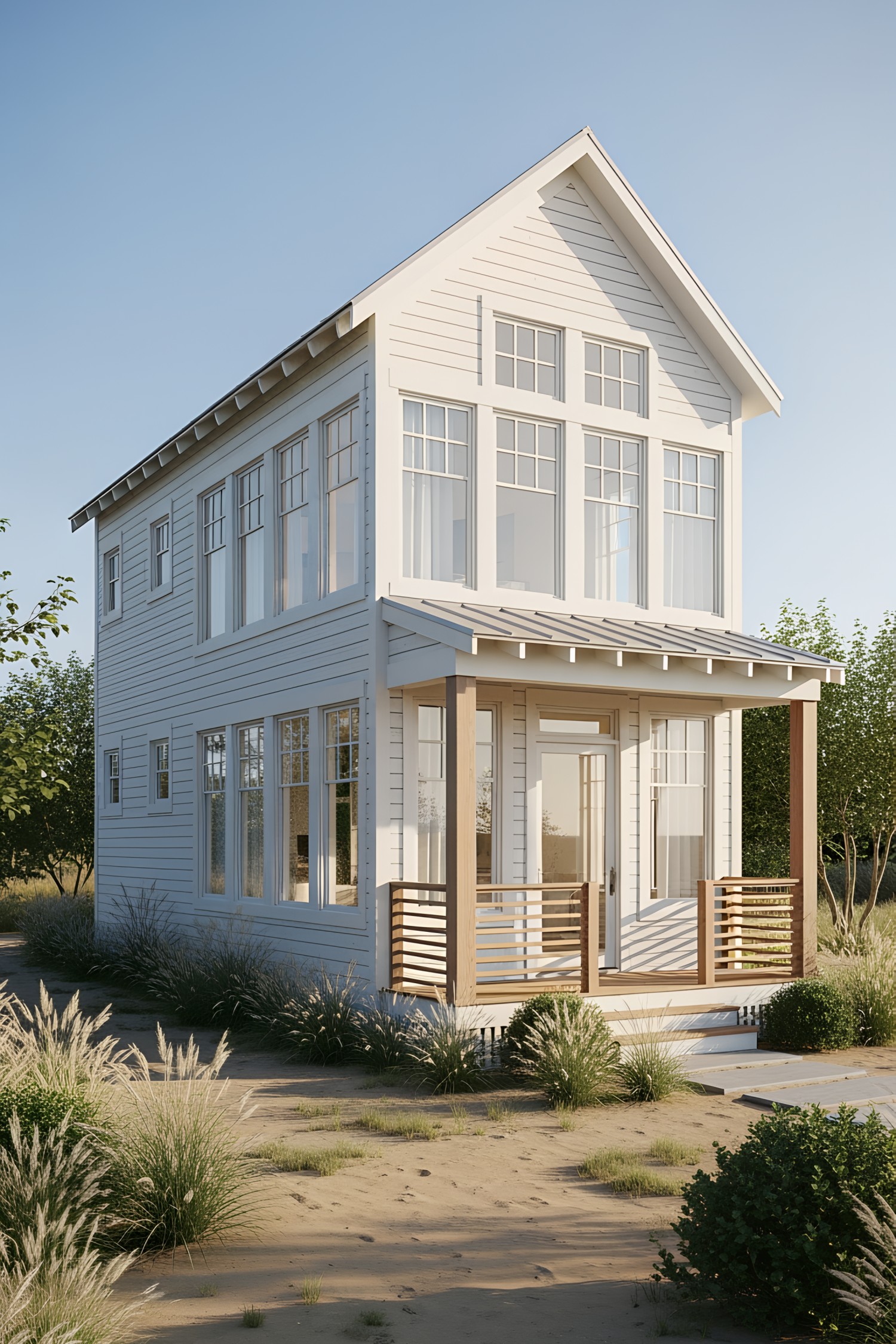 White coastal house with large windows and wooden porch