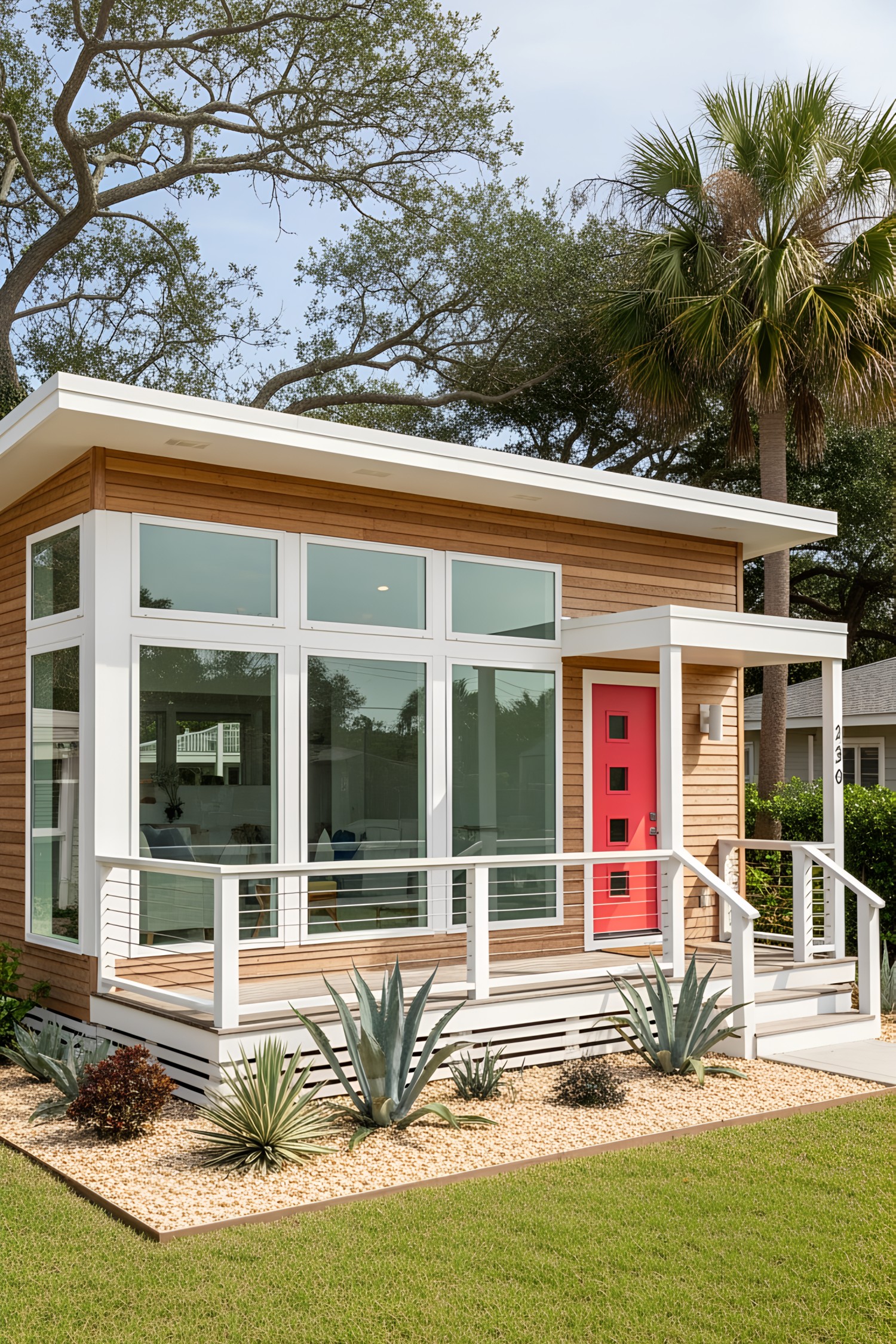 Small coastal house with large windows and a vibrant door