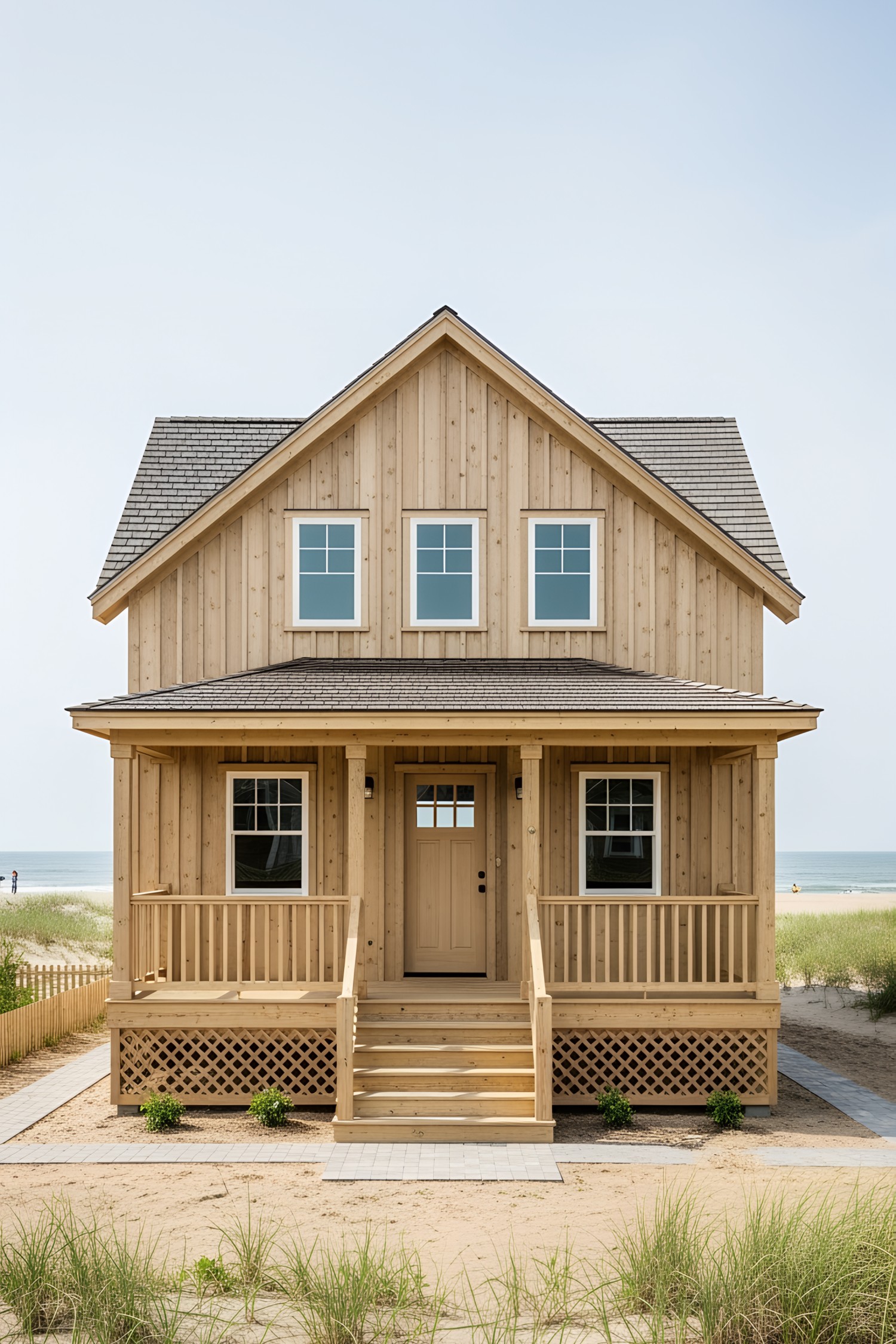 A wooden house on the beach with two stories and a gabled roof