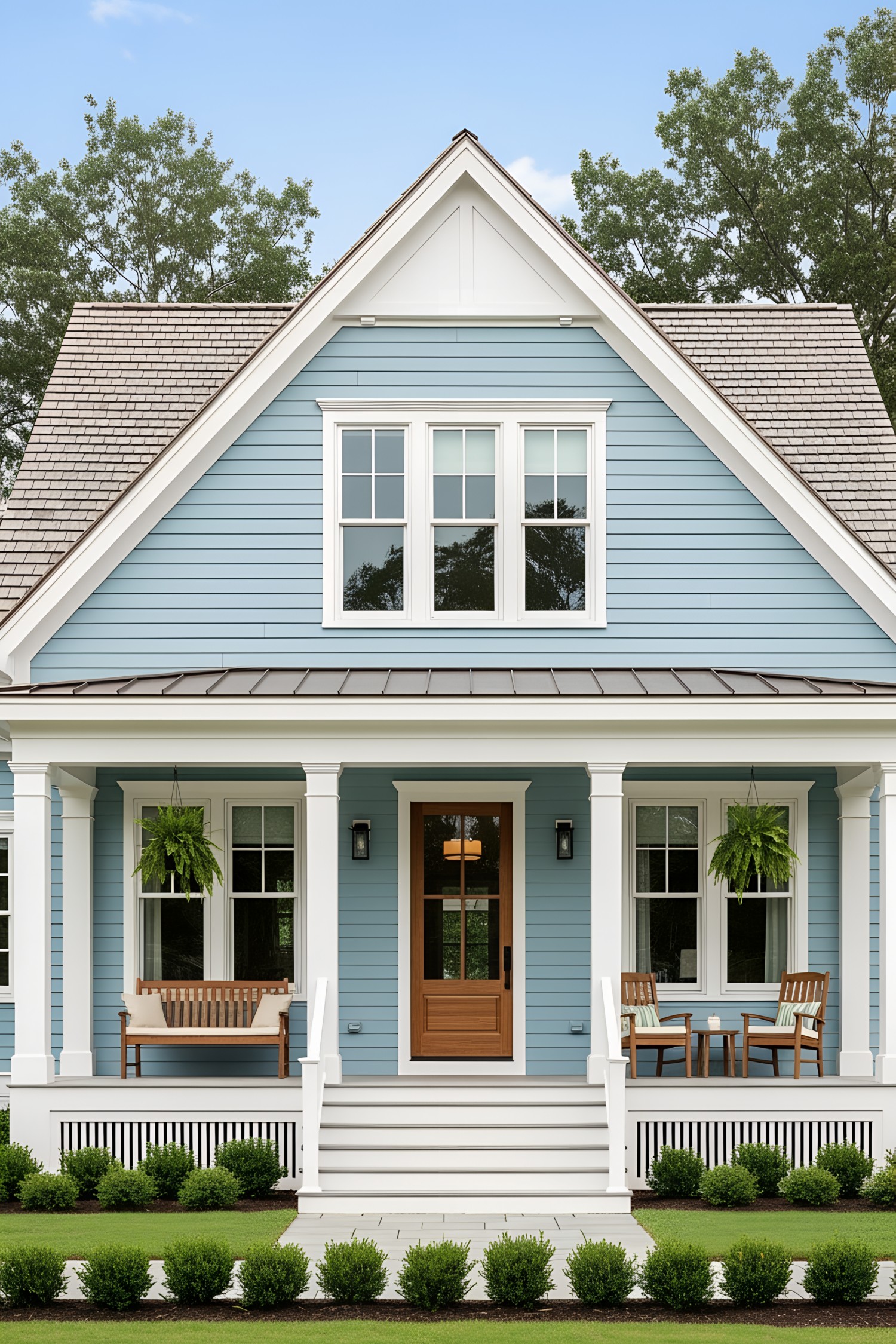 Small blue coastal house with a bright front porch and white trim