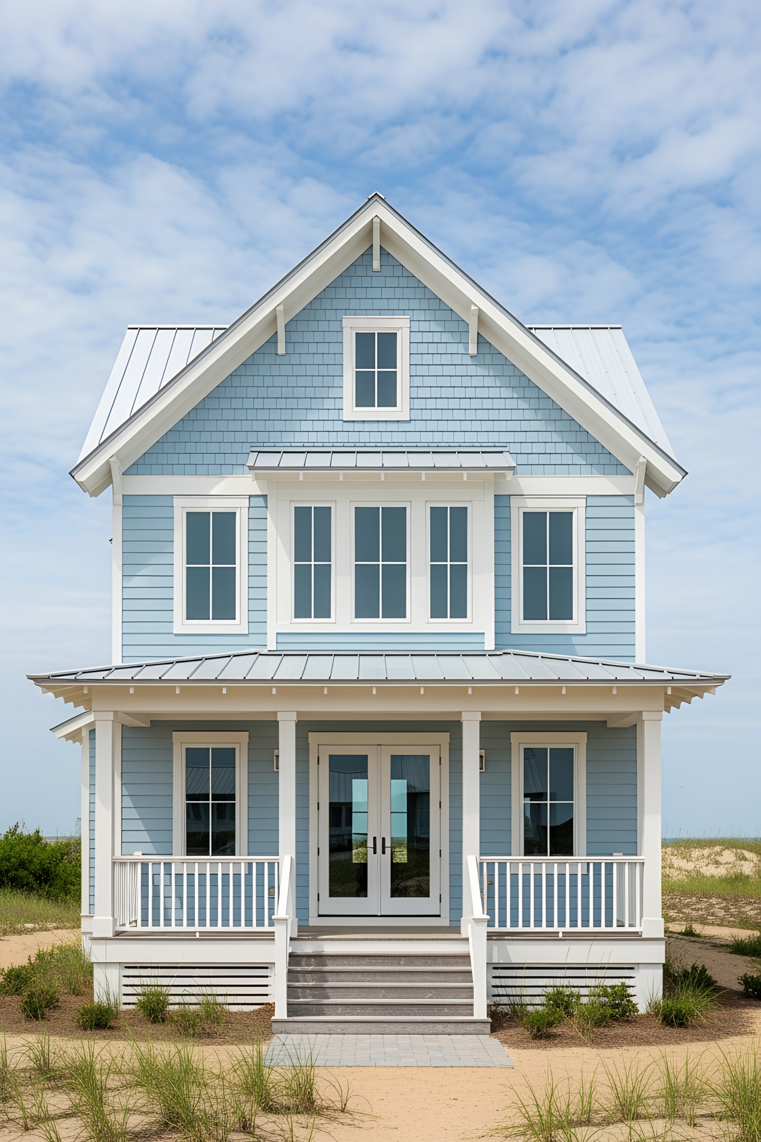 Charming blue coastal cottage with white trim