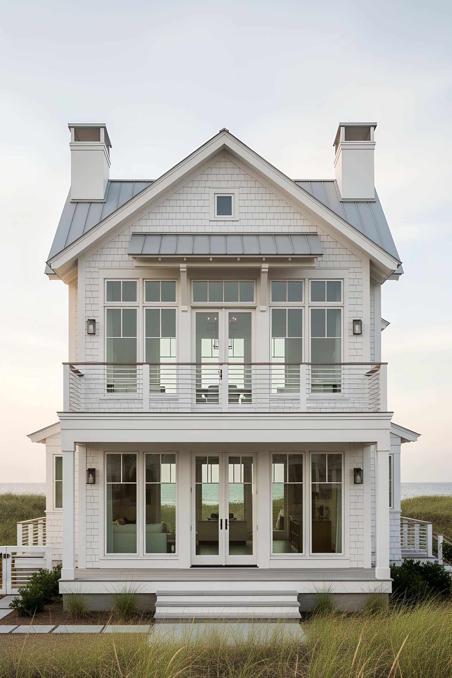 White wooden coastal house with large windows and ocean in the background
