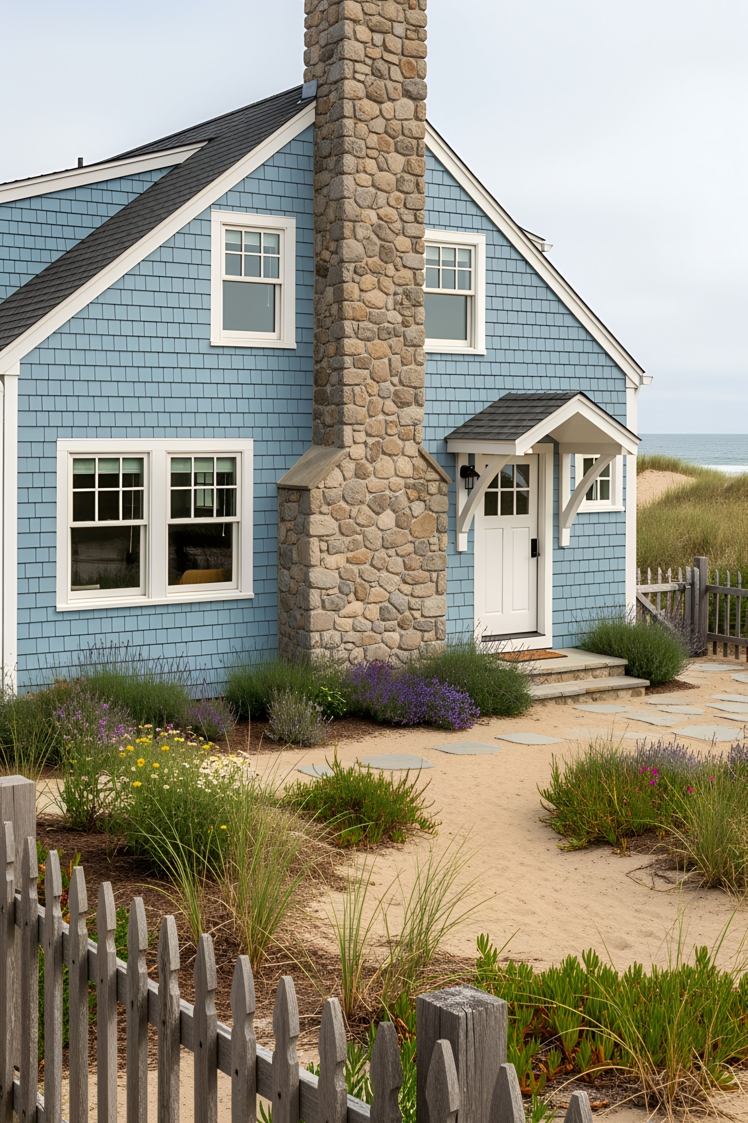 Blue coastal house with stone chimney by sandy garden