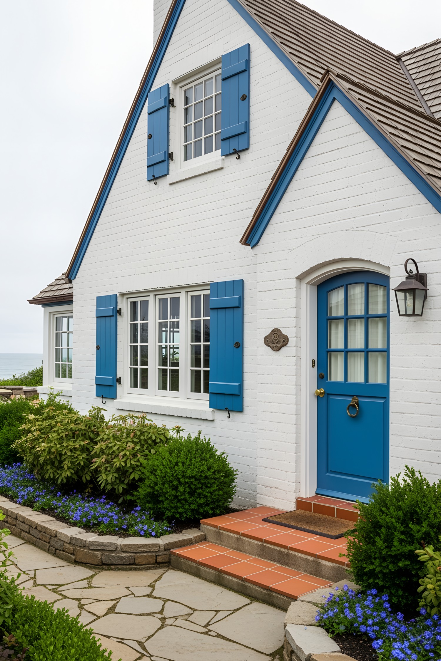 White coastal house with vibrant blue shutters and door