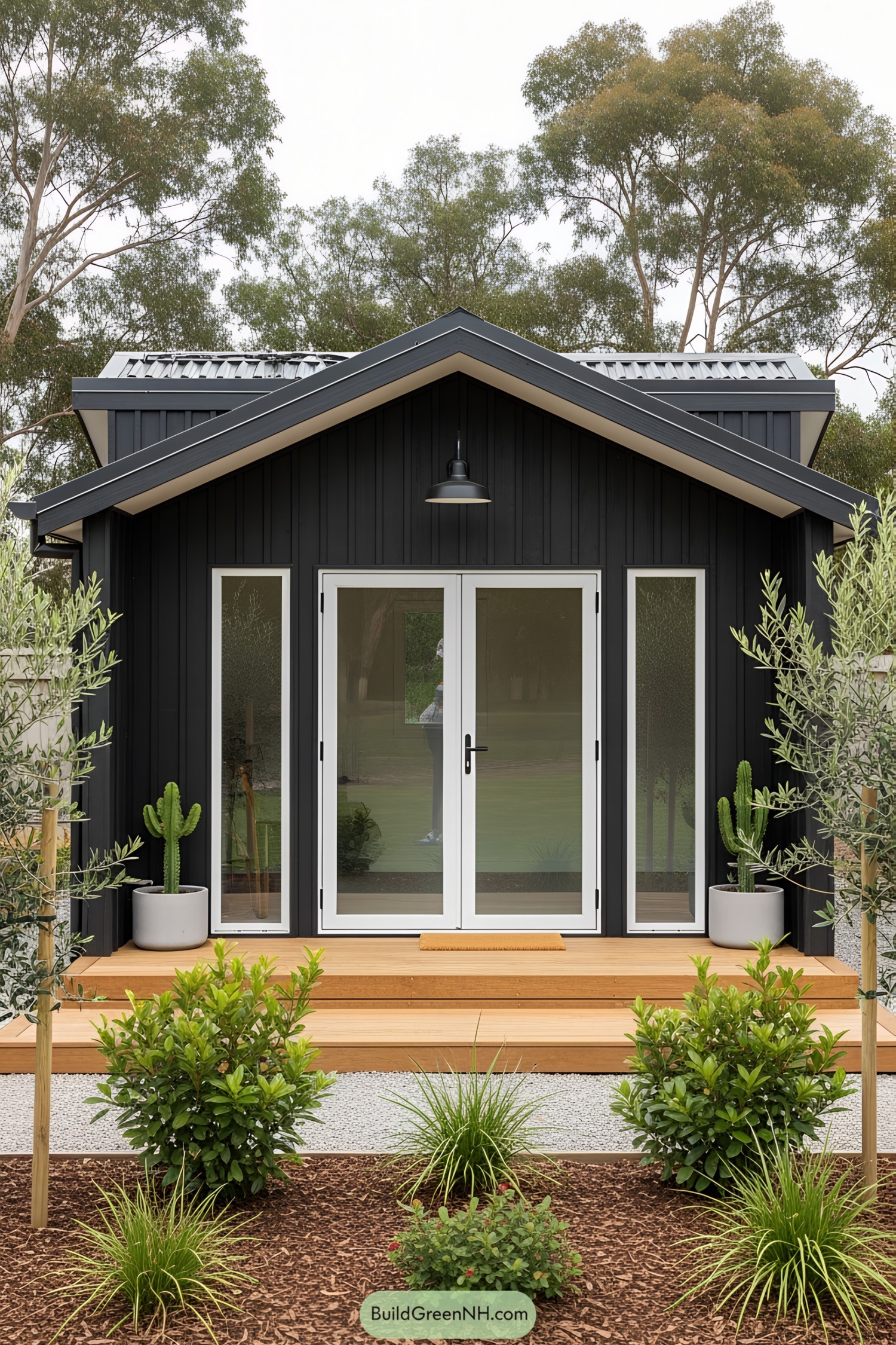 Small black shed with plants and glass doors