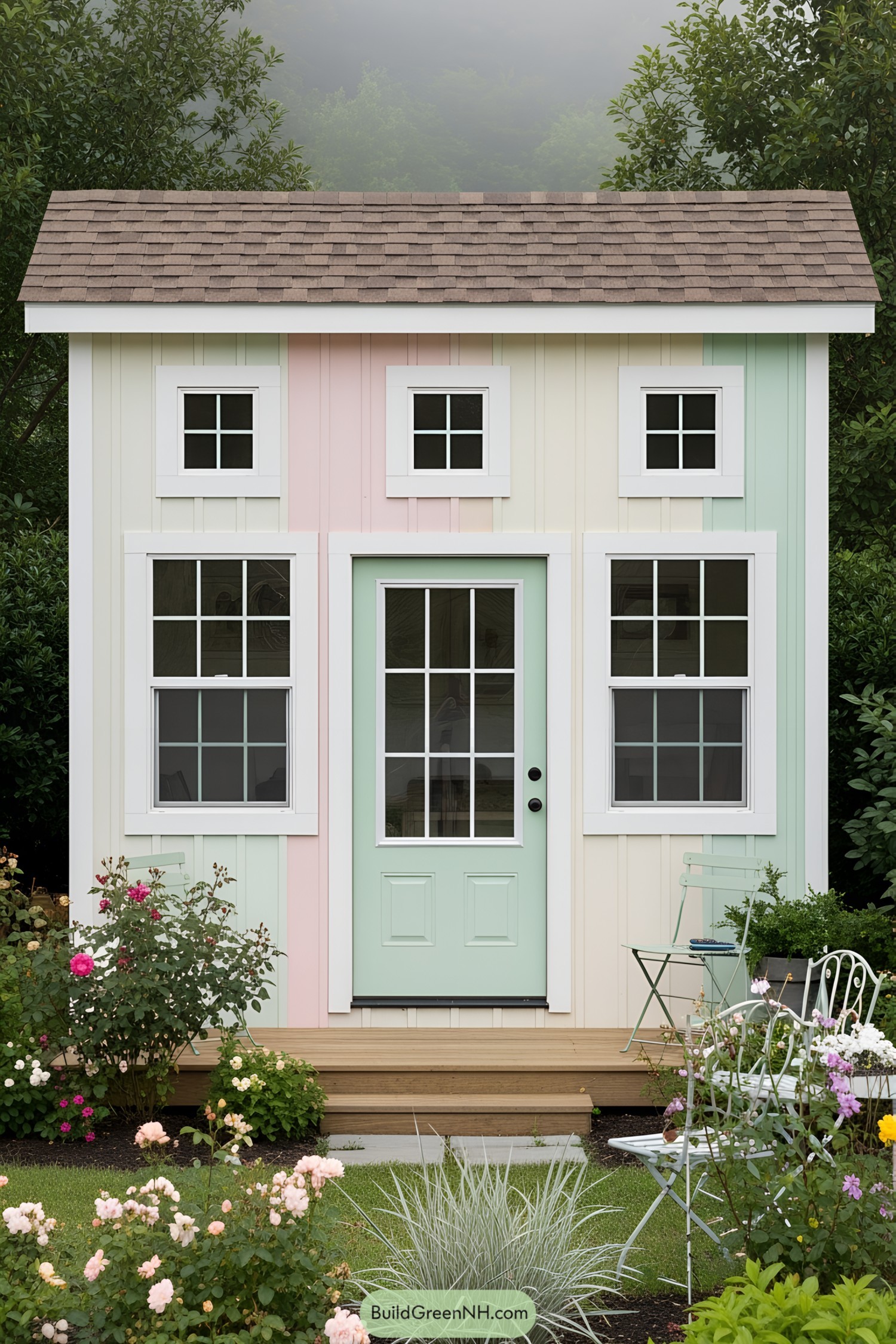 Small she shed with pastel colors and charming windows