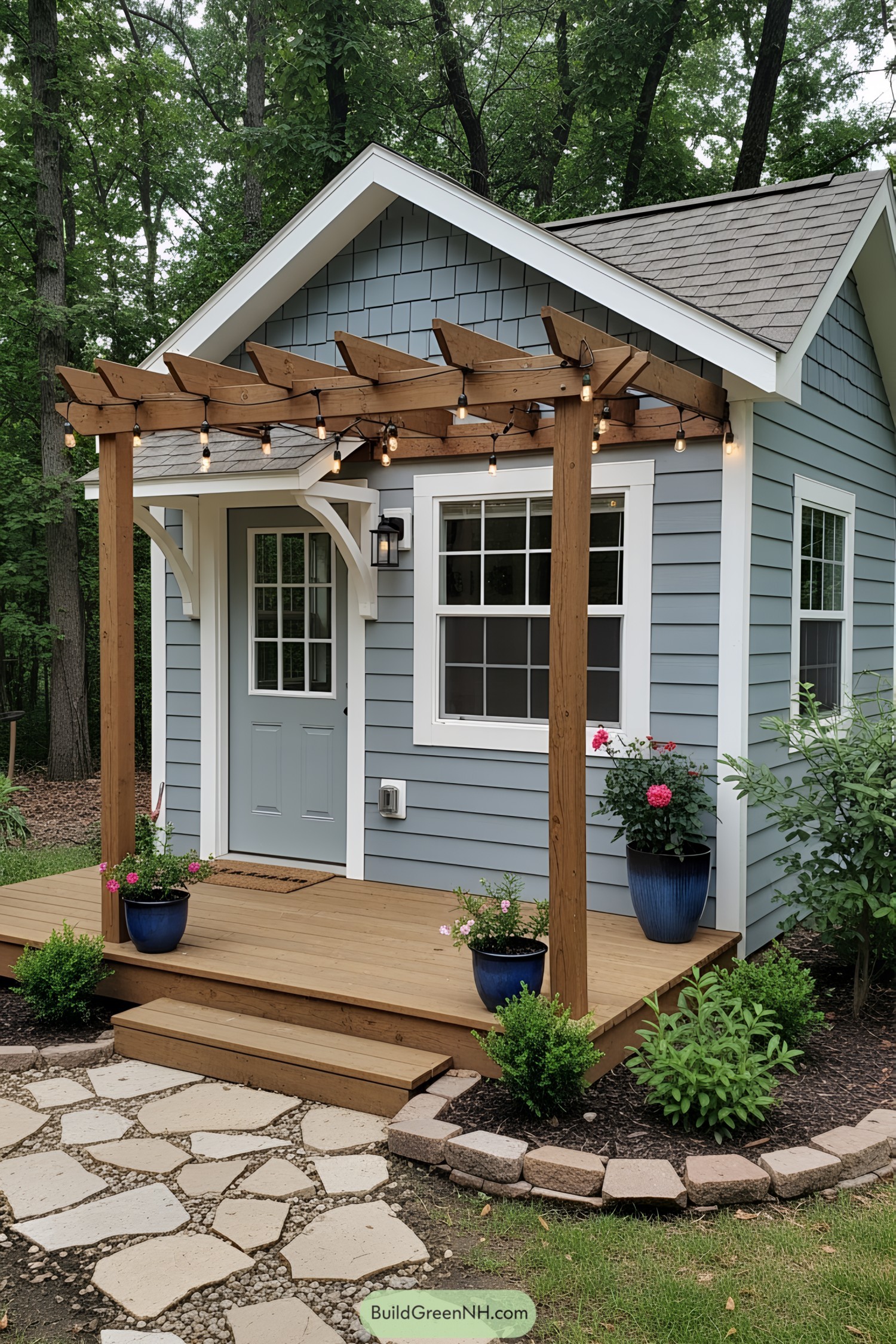 Cozy small shed with wooden pergola and string lights