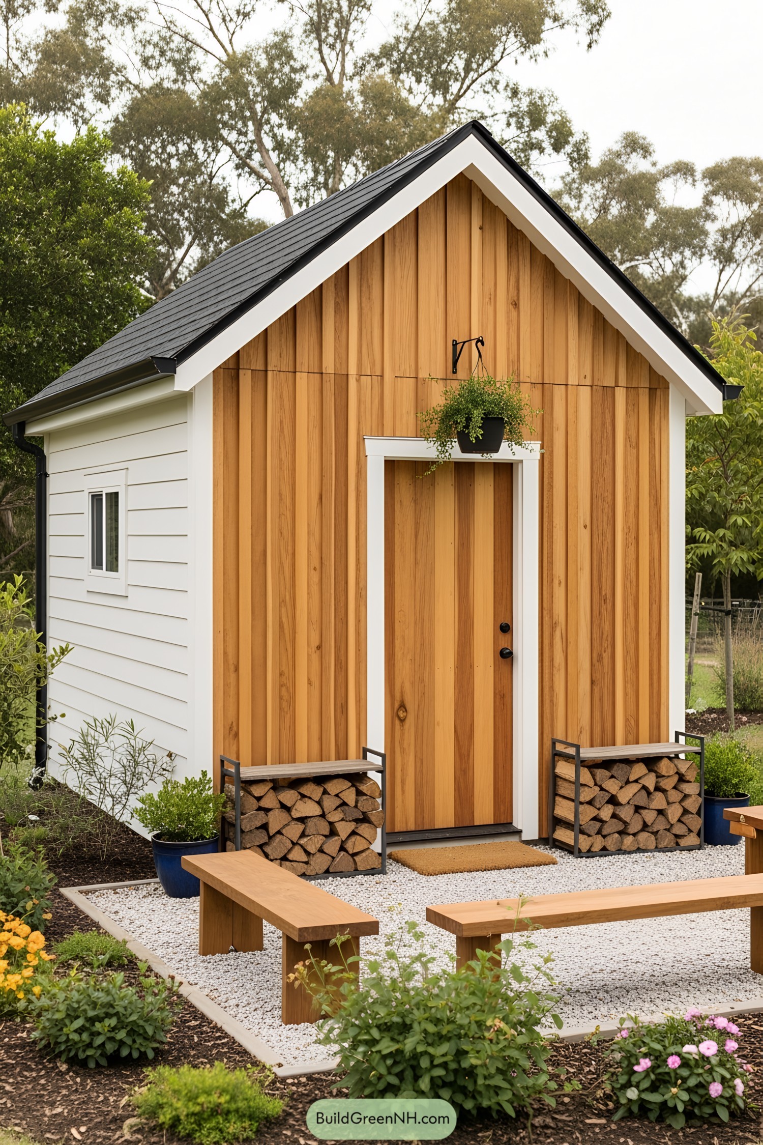 Compact she shed with wooden siding and white trim
