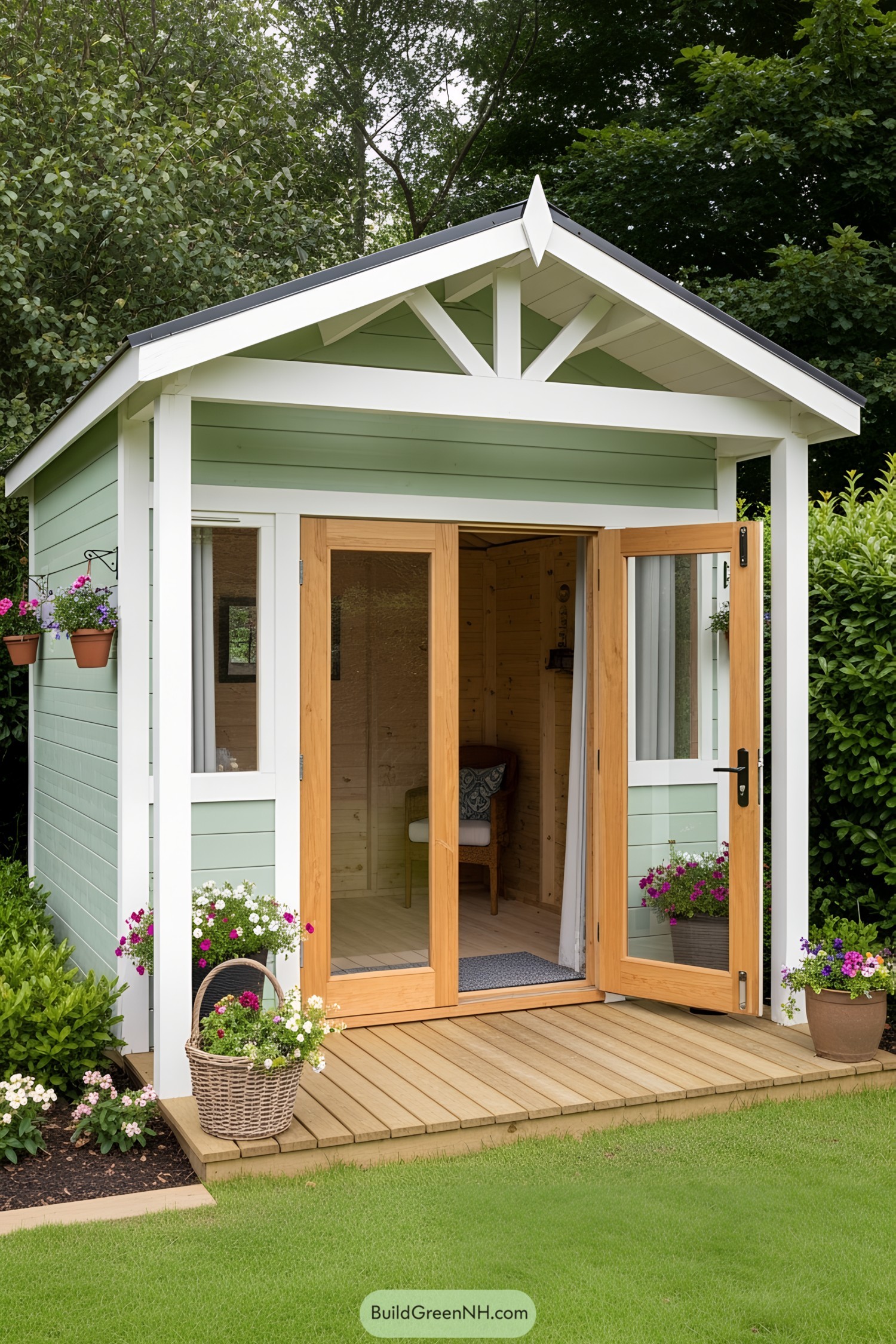 Cozy green she shed with wooden doors and a small deck