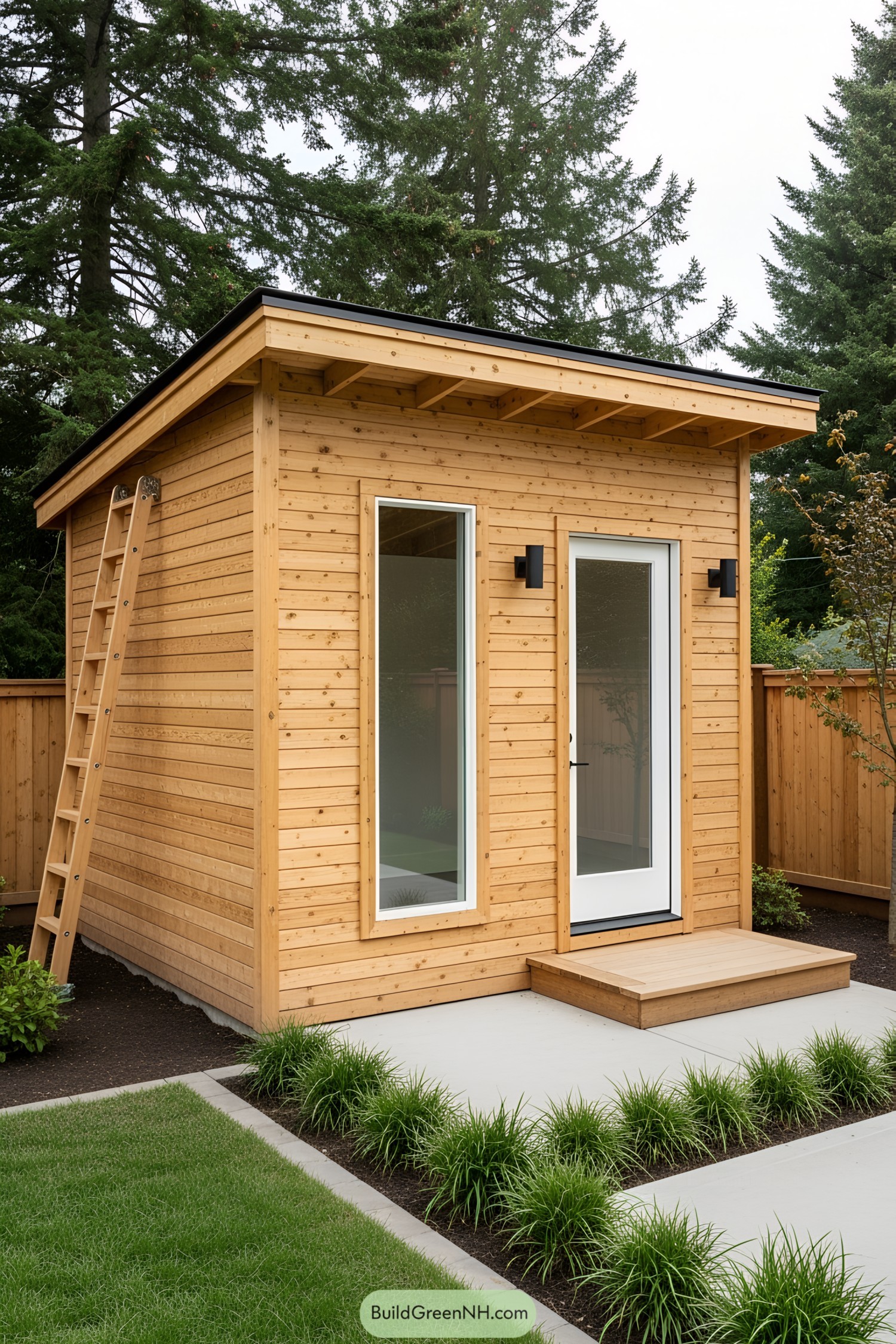 Wooden shed with a wooden door and two tall windows