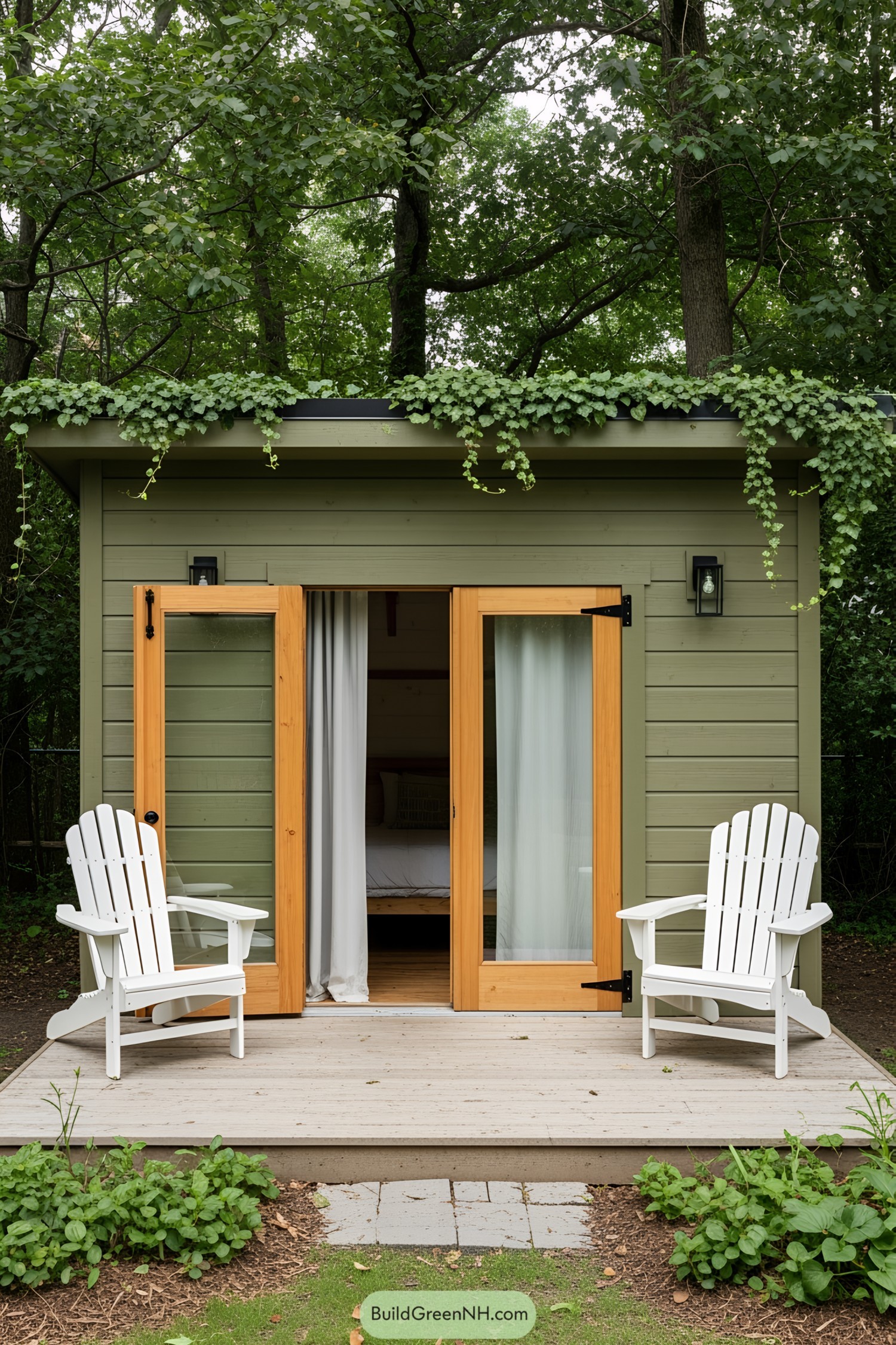 Cozy wooden shed with open double doors and chairs