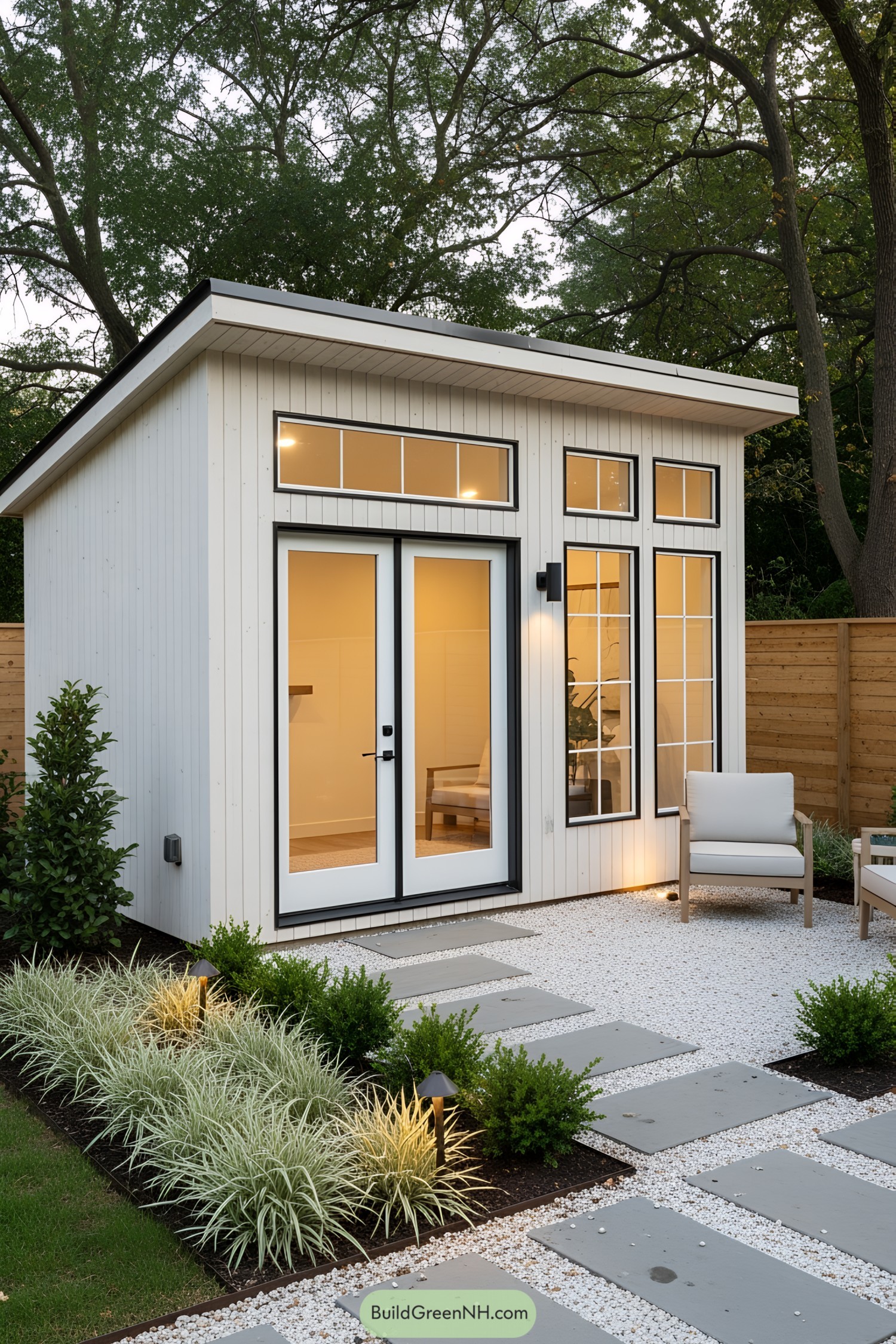Modern white she shed with large windows